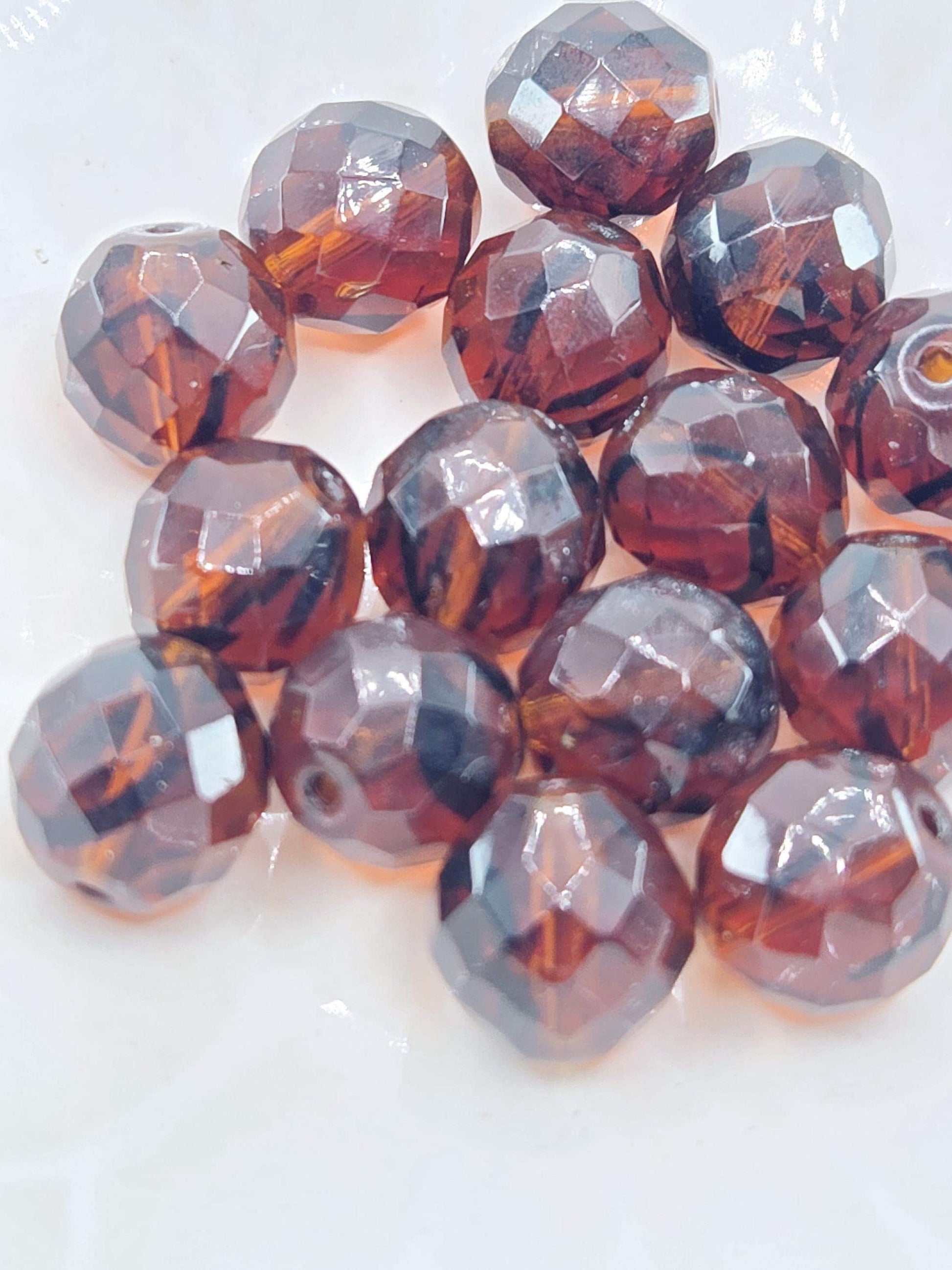 Topaz Czech Glass Beads: Faceted Round Striped Amber (14mm, 15 PCS)