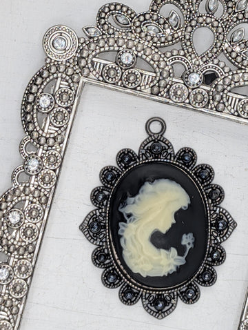 a black oval pendant with a white design, placed within an ornate silver frame.