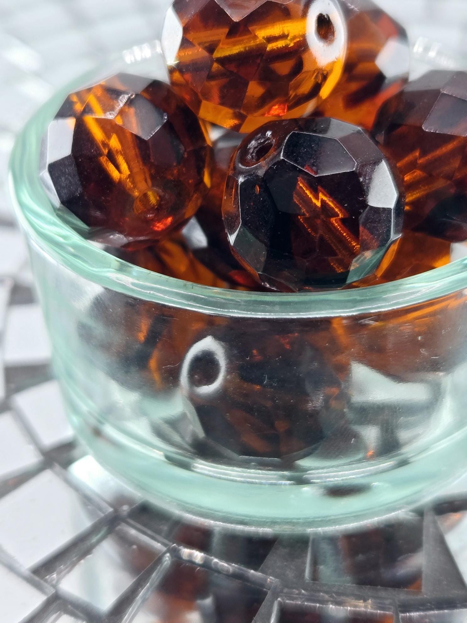 Topaz Czech Glass Beads: Faceted Round Striped Amber (14mm, 15 PCS)