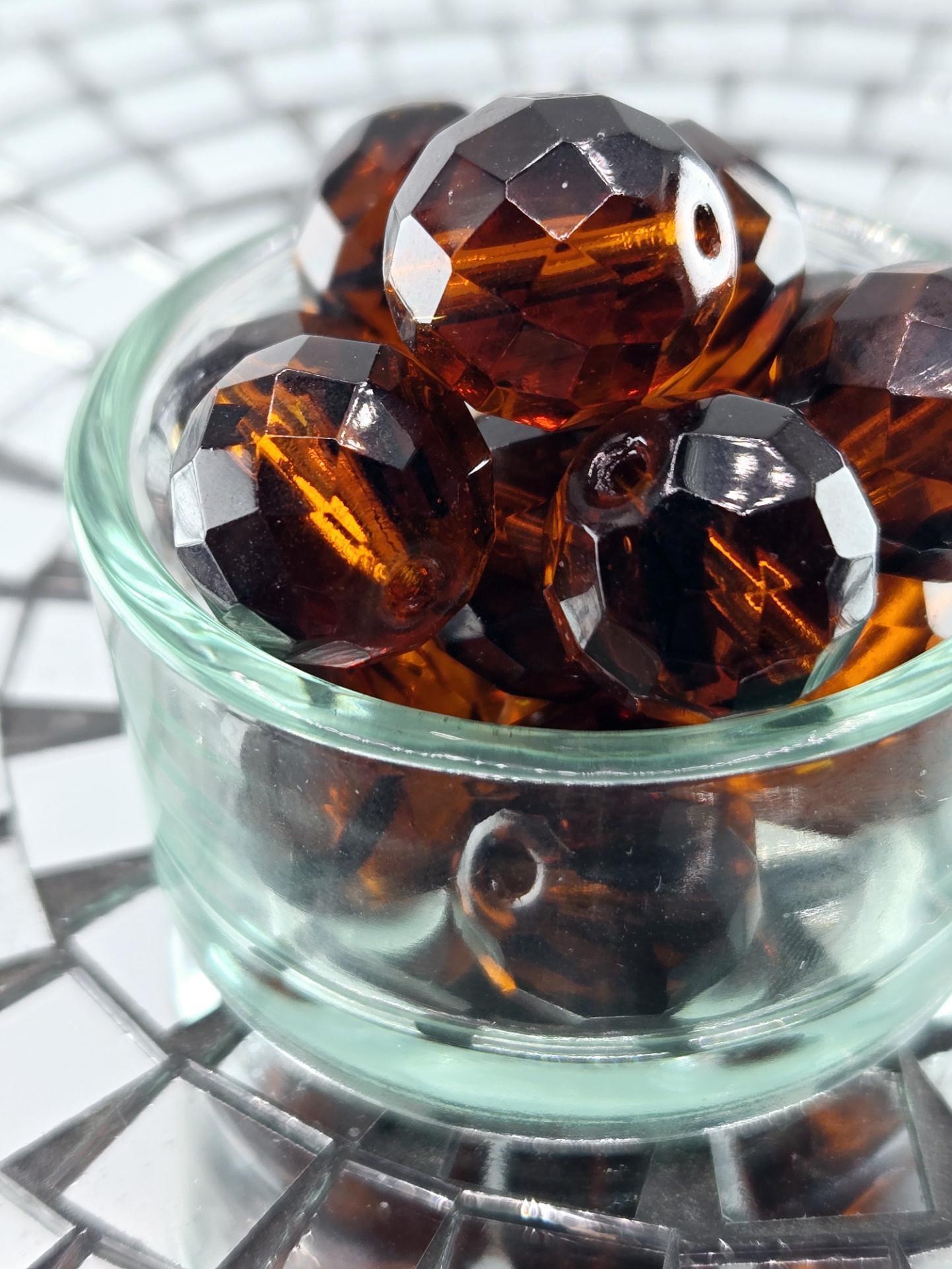 Topaz Czech Glass Beads: Faceted Round Striped Amber (14mm, 15 PCS)
