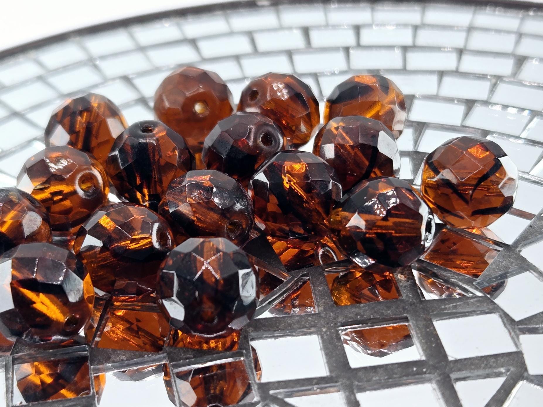 Topaz Czech Glass Beads: Faceted Round Striped Amber (14mm, 15 PCS)