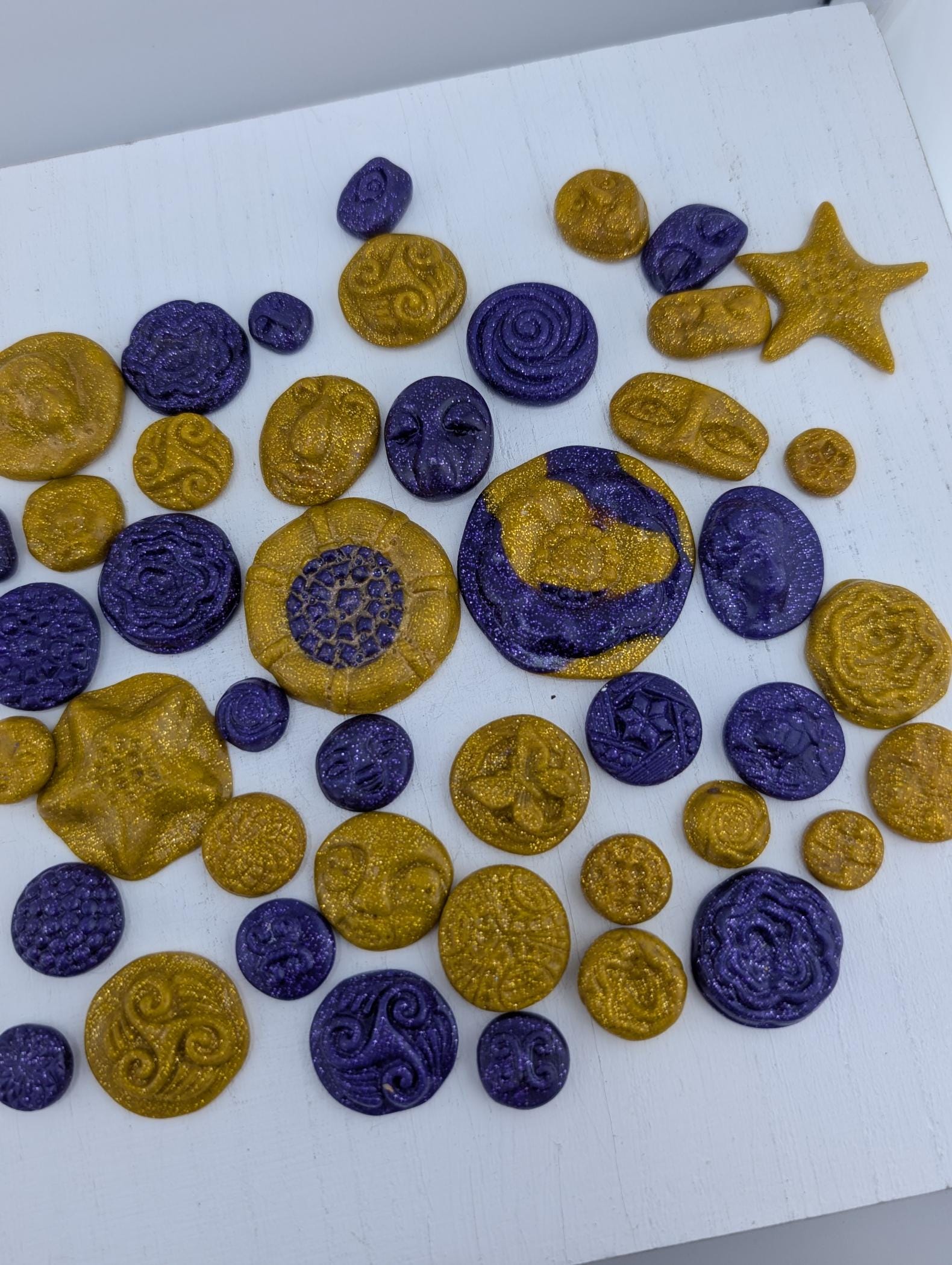 Handmade Polymer Clay Faces: Colorful Gold and Purple Art Doll Supplies 45 pcs | Beads for Jewelry Making | DIY Bracelet Earring Supply