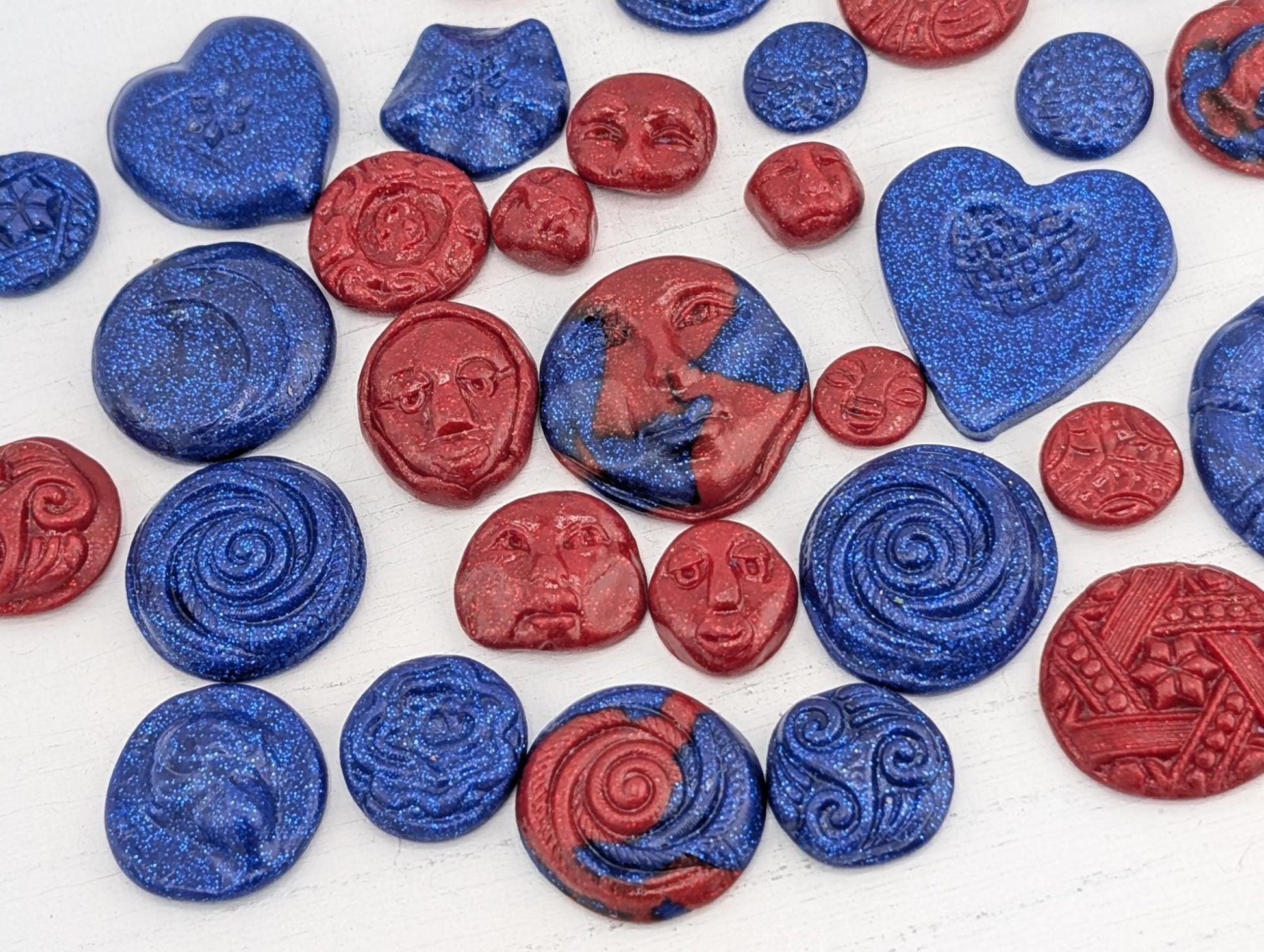 Handmade Polymer Clay Faces: Colorful Blue and Red Art Doll Supplies 35 pcs | Beads for Jewelry Making | DIY Bracelet Earring Supply