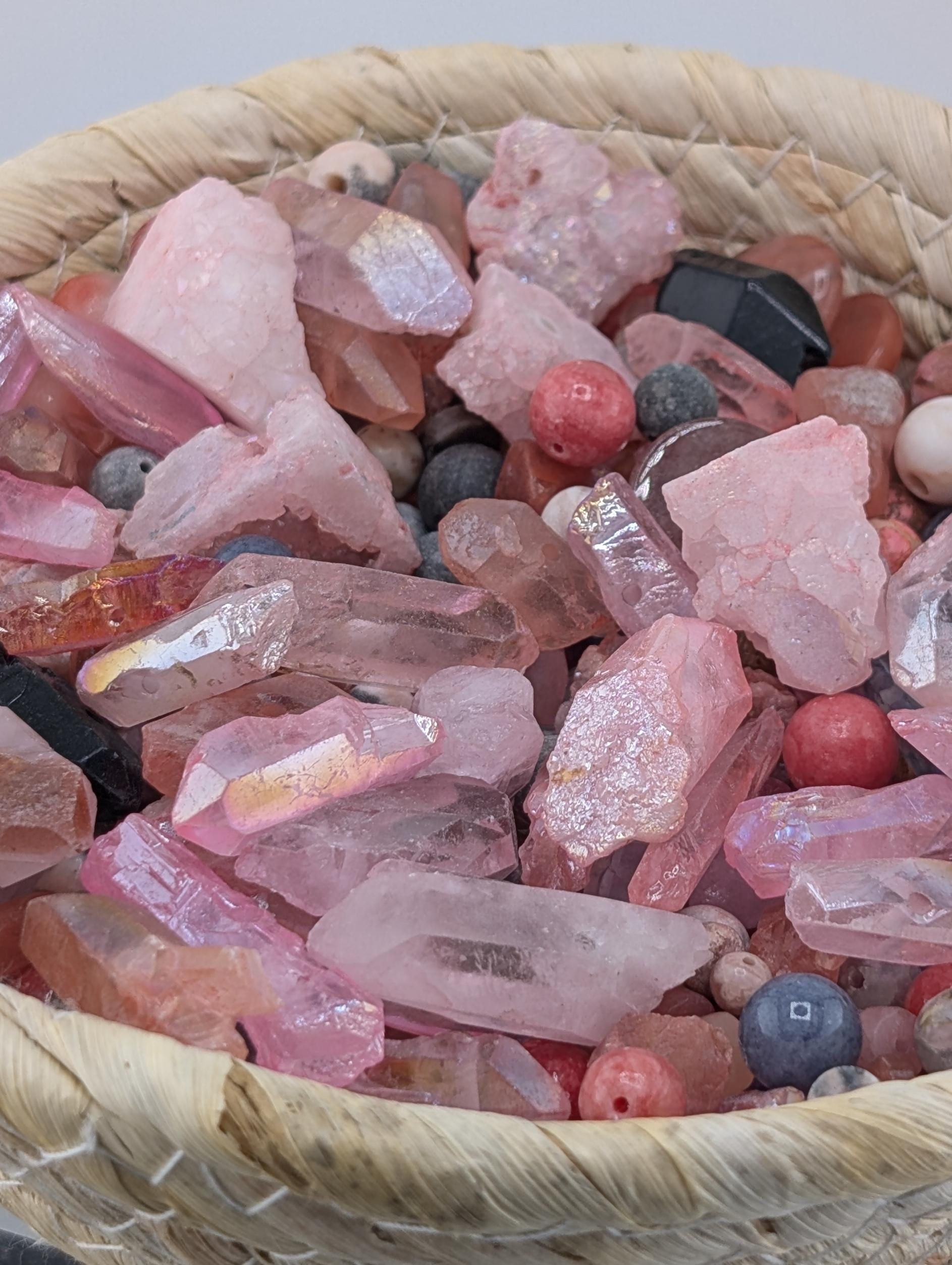 Exclusive "Black Tie Bubblegum" Cherry Quartz Gemstone Bead Mix: 2 oz Natural Stone Craft Supply