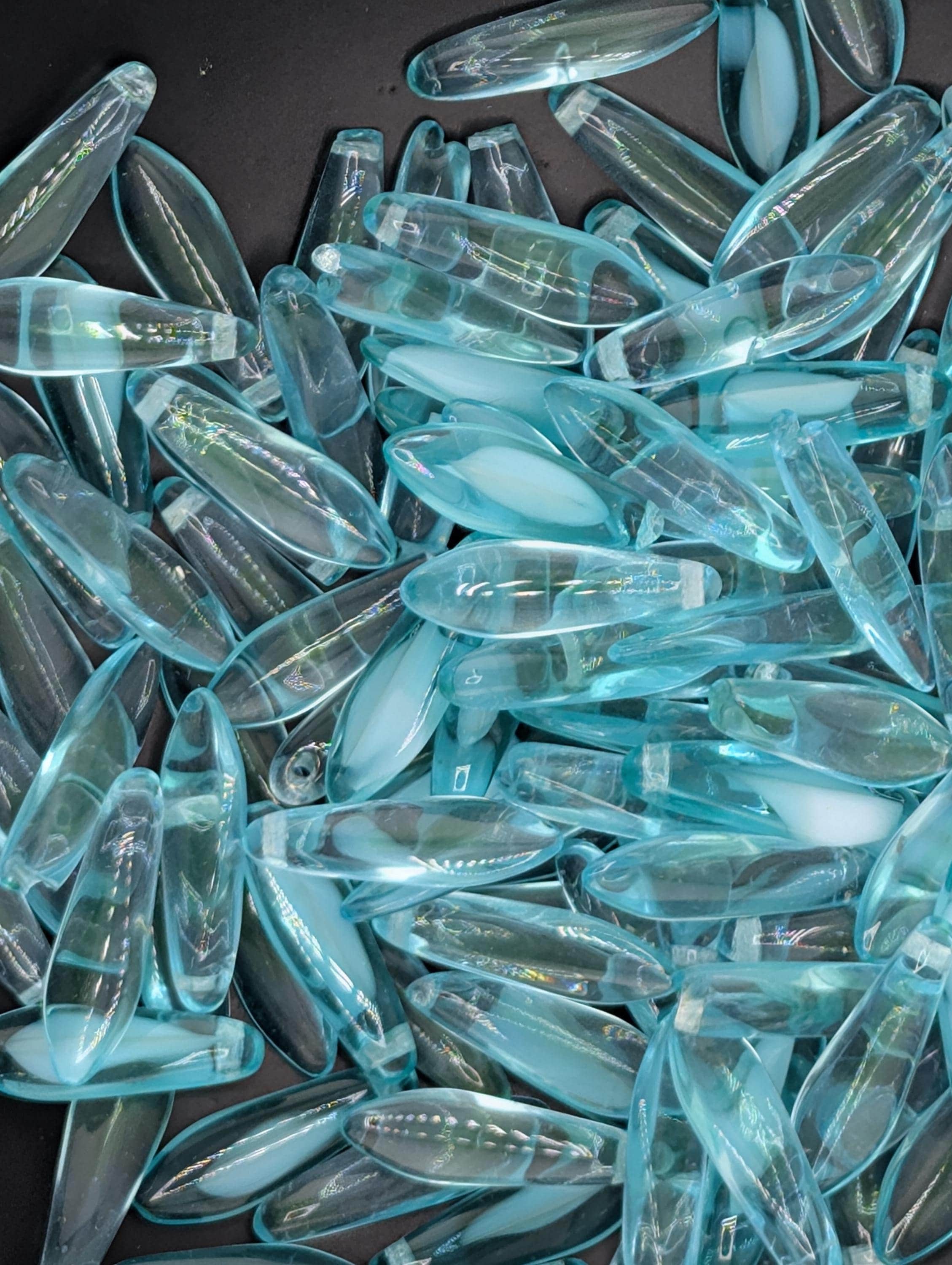 Czech Dagger Beads, Glass Dagger Beads, Unique Craft Supply, Vintage Boho Style, 10g ~20 pcs Pack for Jewelry Making: Aqua & White