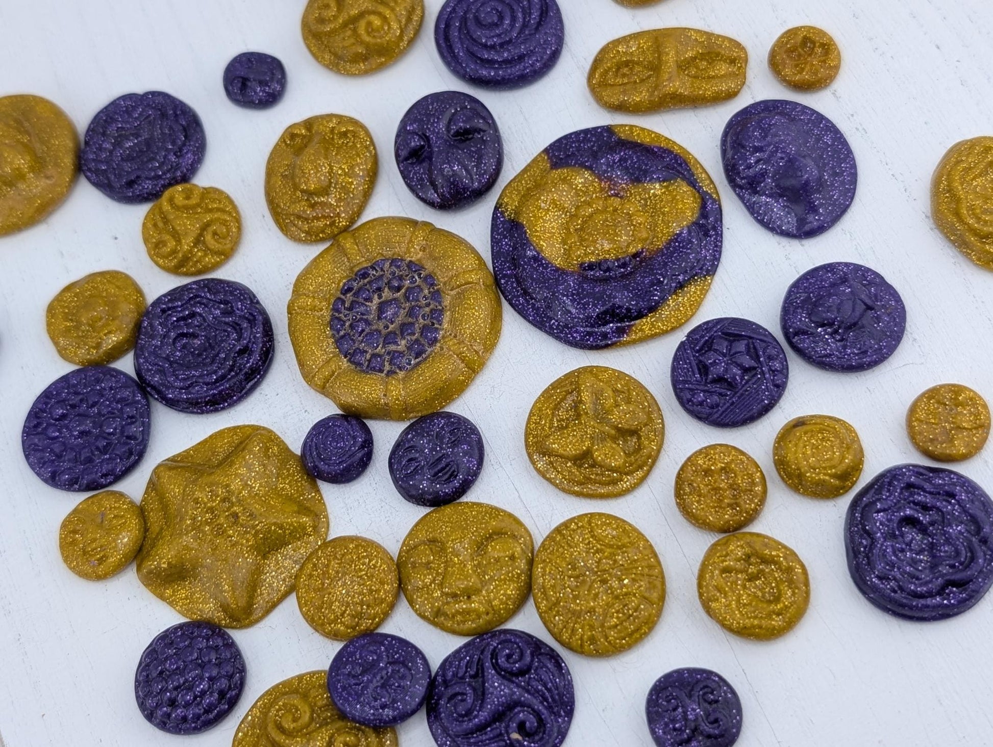 Handmade Polymer Clay Faces: Colorful Gold and Purple Art Doll Supplies 45 pcs | Beads for Jewelry Making | DIY Bracelet Earring Supply