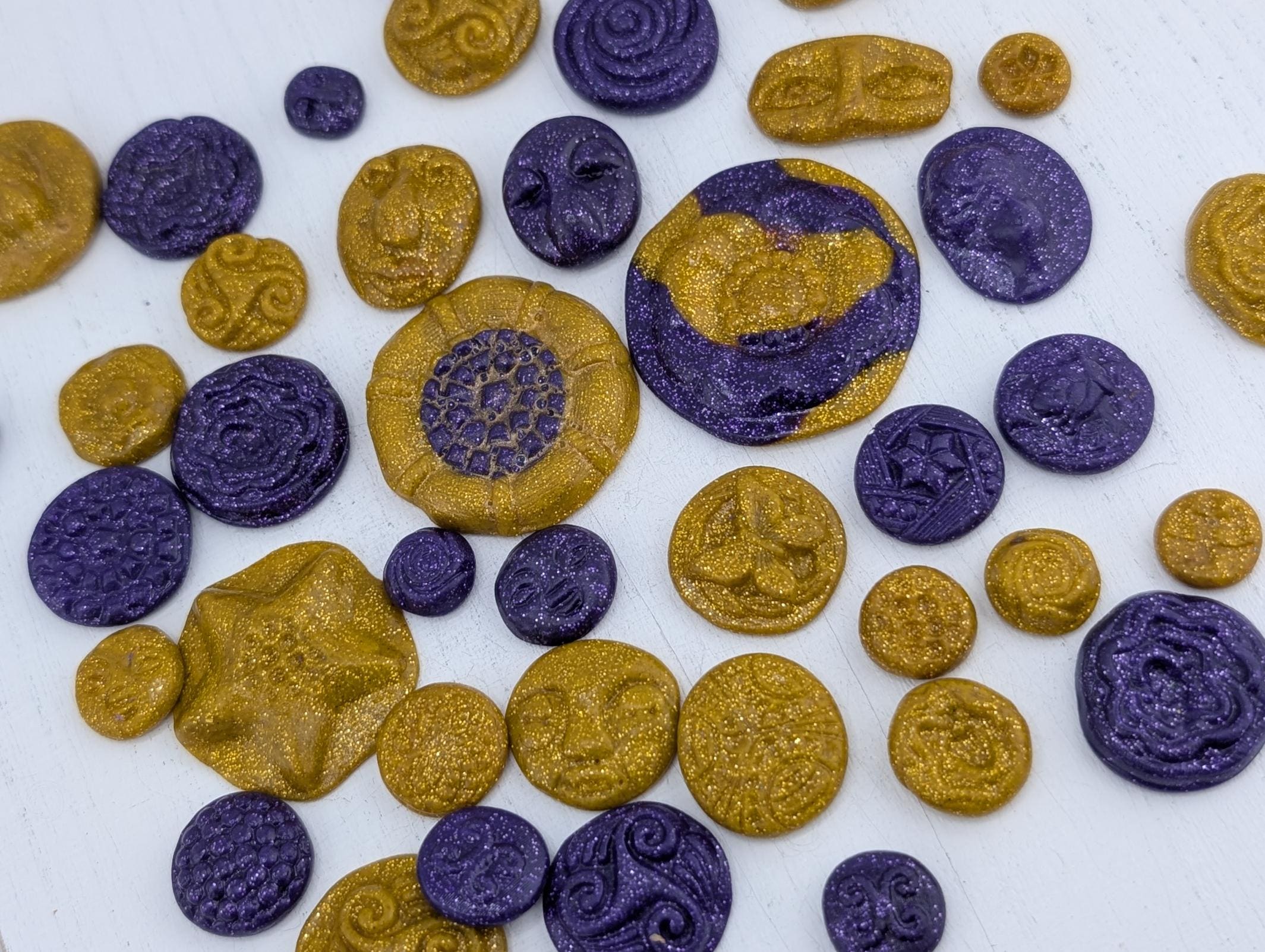 Handmade Polymer Clay Faces: Colorful Gold and Purple Art Doll Supplies 45 pcs | Beads for Jewelry Making | DIY Bracelet Earring Supply
