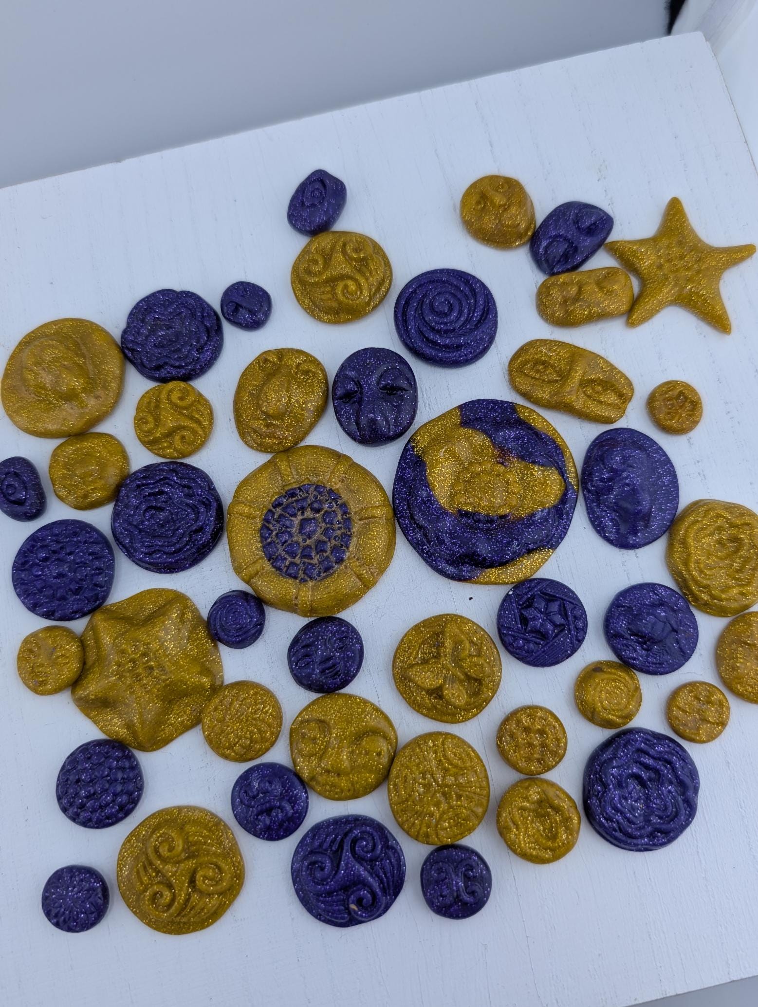 Handmade Polymer Clay Faces: Colorful Gold and Purple Art Doll Supplies 45 pcs | Beads for Jewelry Making | DIY Bracelet Earring Supply