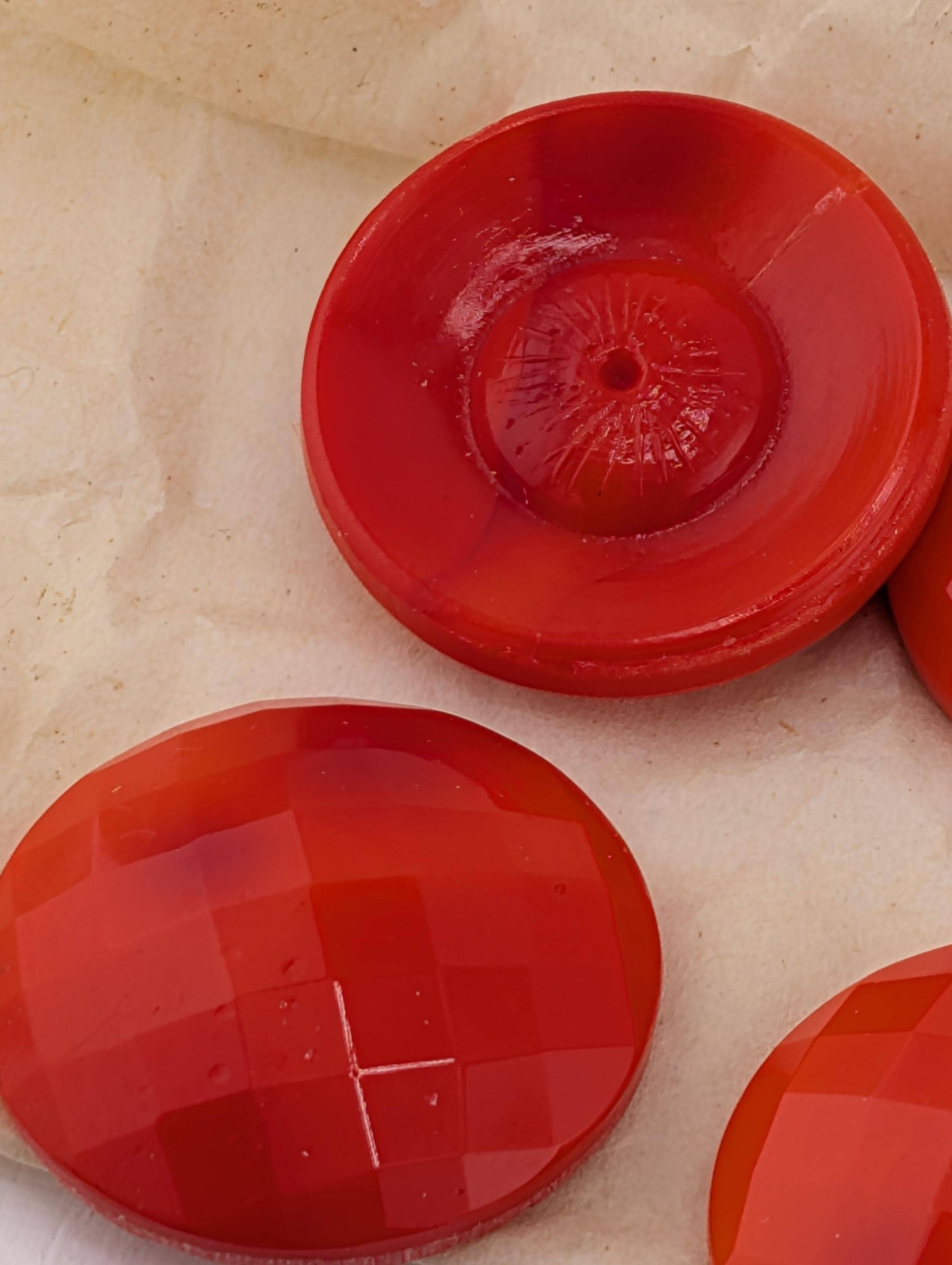 Vintage Red Glass Buttons, Cabochon Checker Faceted Concave Dish Back (27mm 1949 Germany) | Beads for Jewelry Making