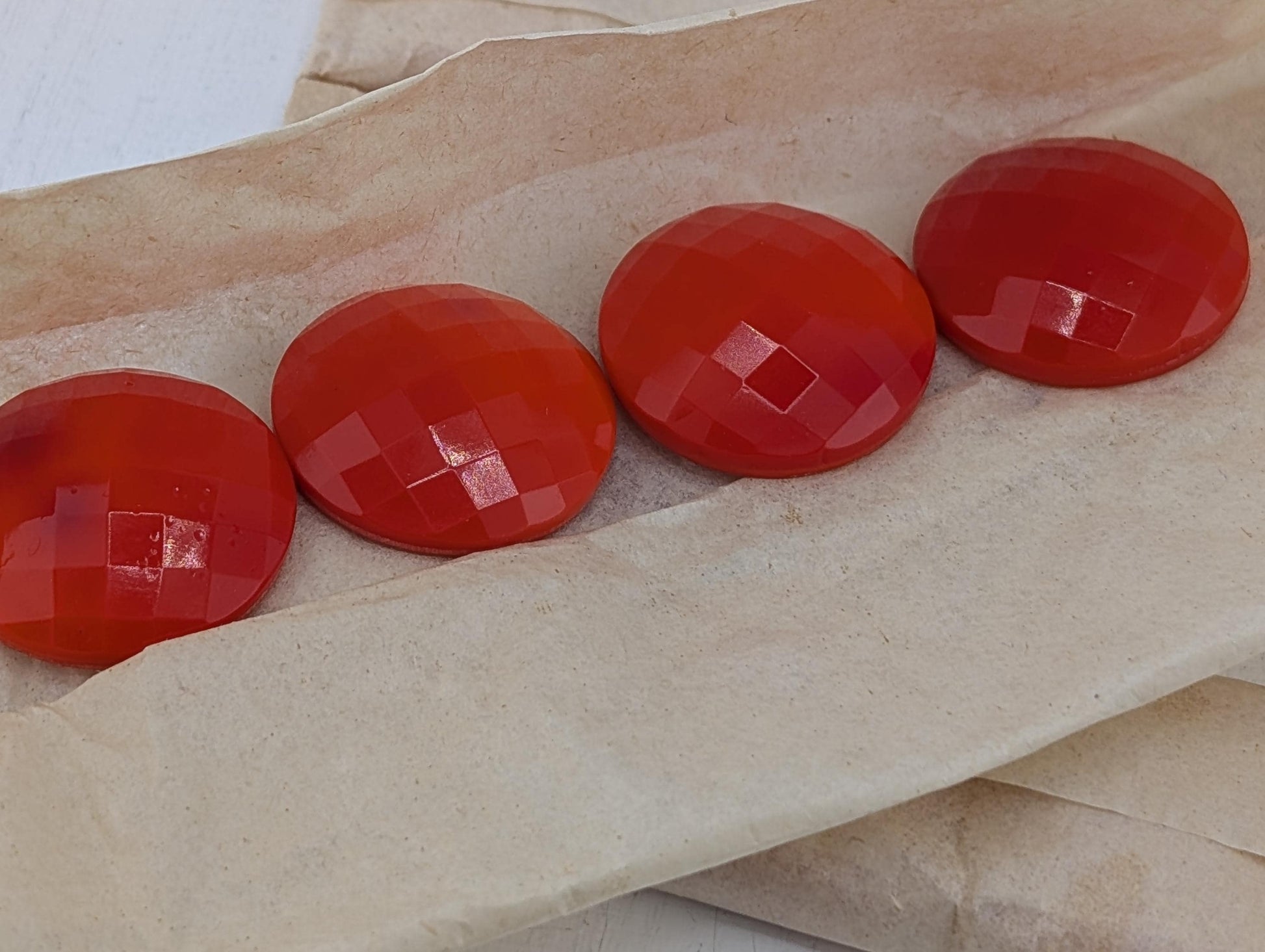 Vintage Red Glass Buttons, Cabochon Checker Faceted Concave Dish Back (27mm 1949 Germany) | Beads for Jewelry Making