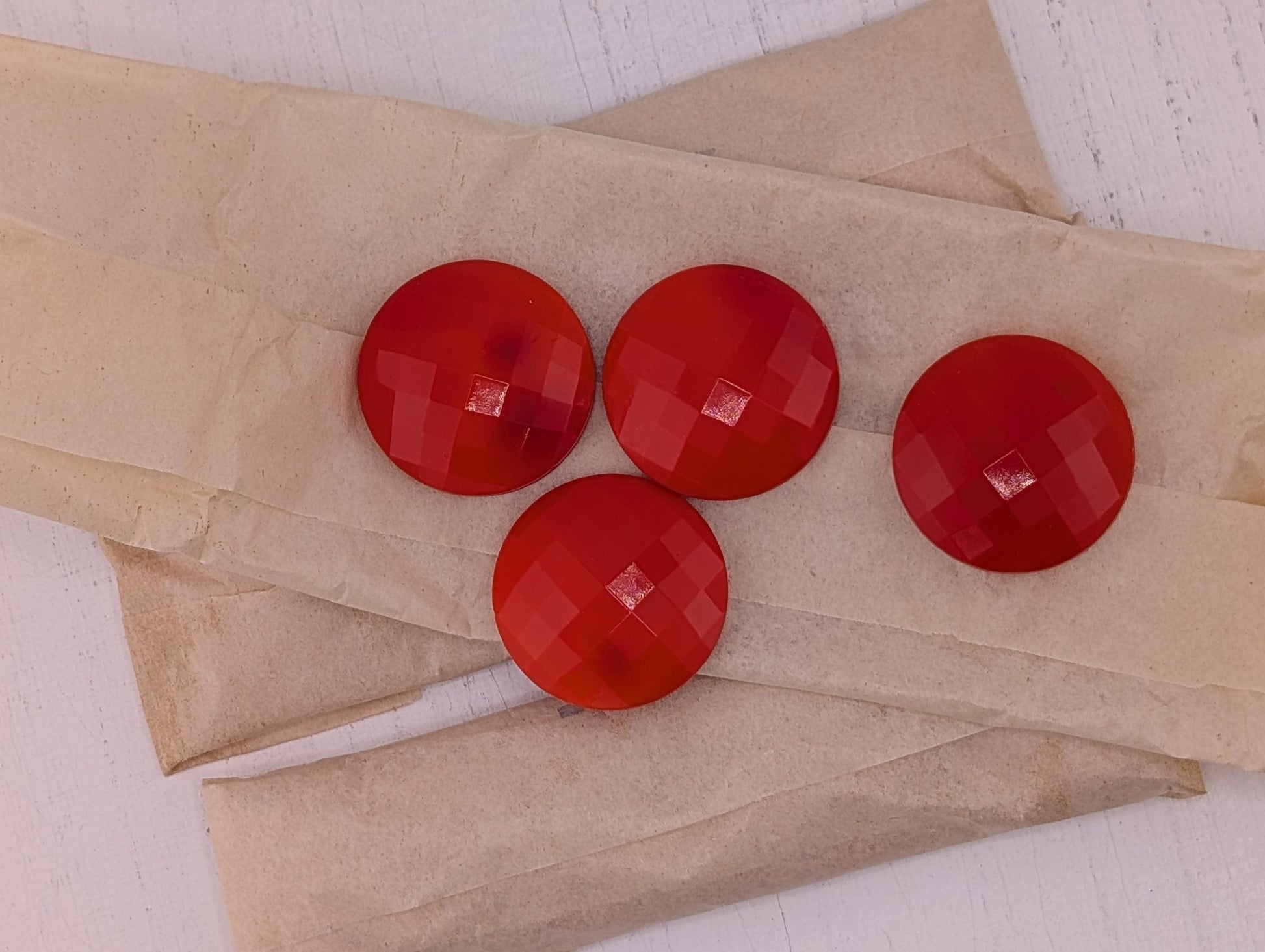 Vintage Red Glass Buttons, Cabochon Checker Faceted Concave Dish Back (27mm 1949 Germany) | Beads for Jewelry Making