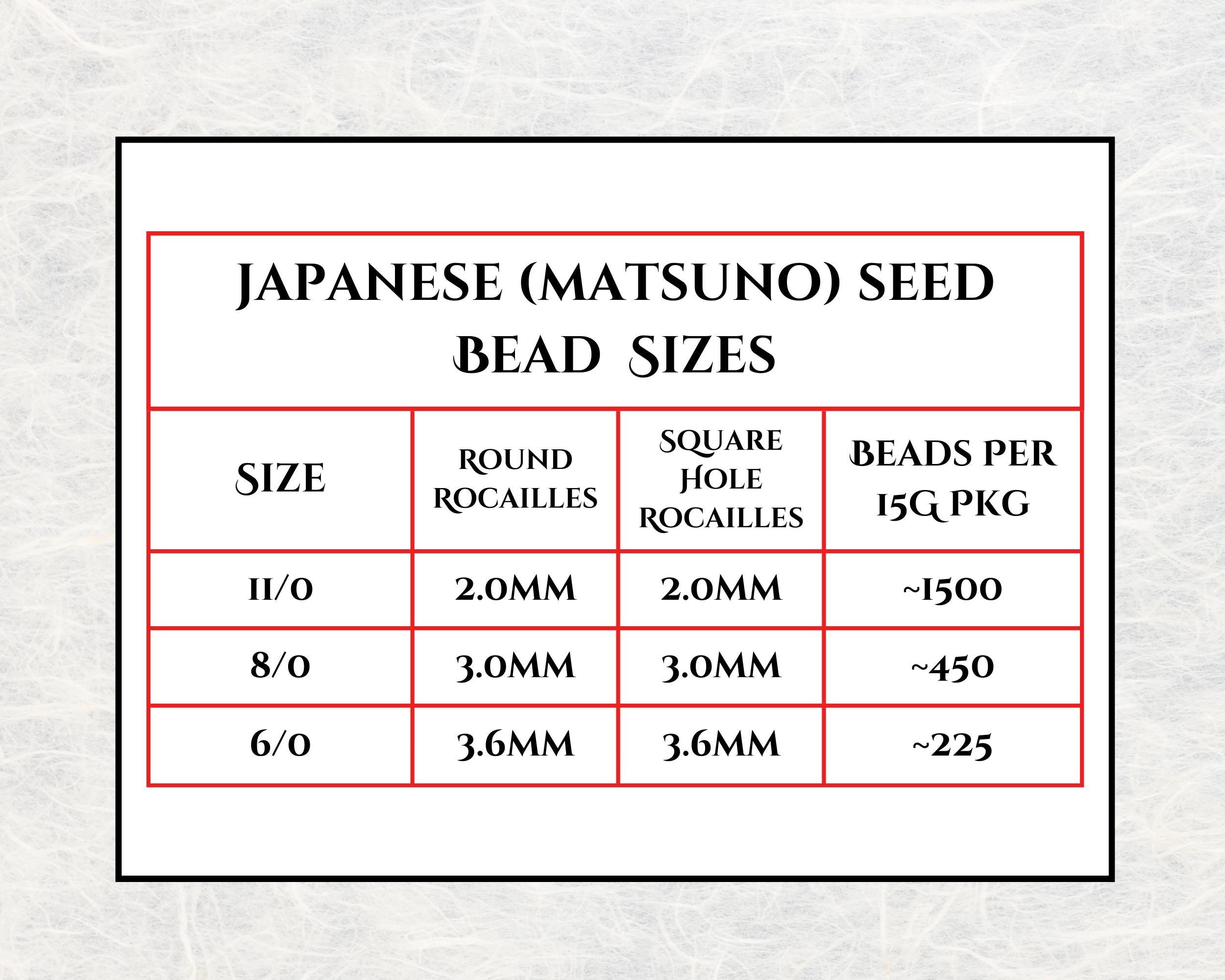 a table with information about the sizes of Japanese (Matsuno) seed beads. The table lists the sizes of round and square hole Rocailles, as well as the number of beads per 15G/PG. The table provides the corresponding bead sizes for each size, ranging from 11/0 to 6/0.