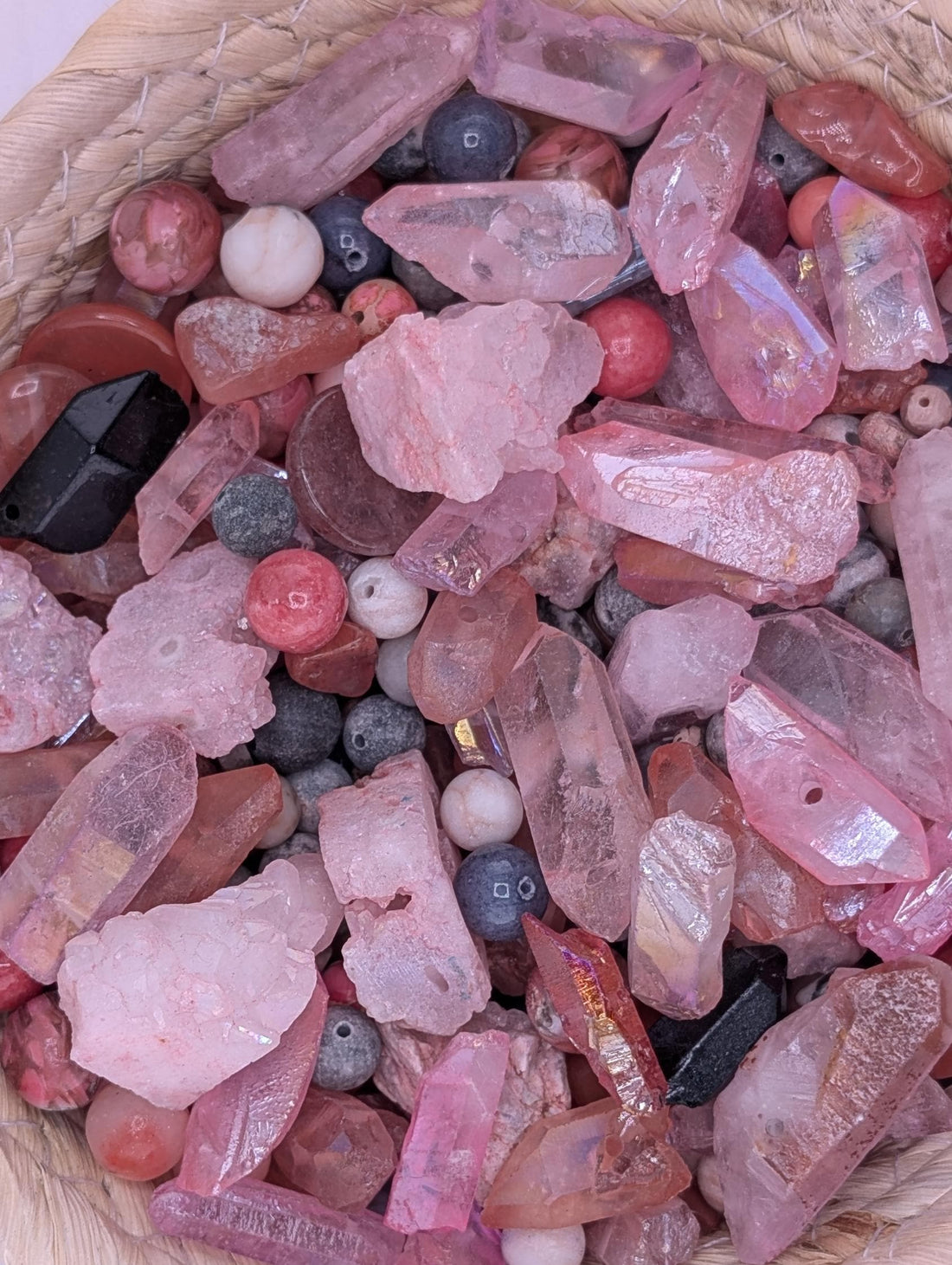 Exclusive "Black Tie Bubblegum" Cherry Quartz Gemstone Bead Mix: 2 oz Natural Stone Craft Supply