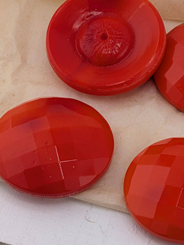 Vintage Red Glass Buttons, Cabochon Checker Faceted Concave Dish Back (27mm 1949 Germany)