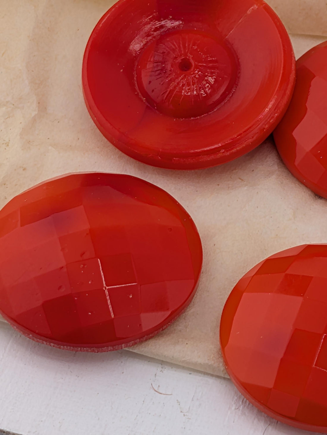 Vintage Red Glass Buttons, Cabochon Checker Faceted Concave Dish Back (27mm 1949 Germany) | Beads for Jewelry Making