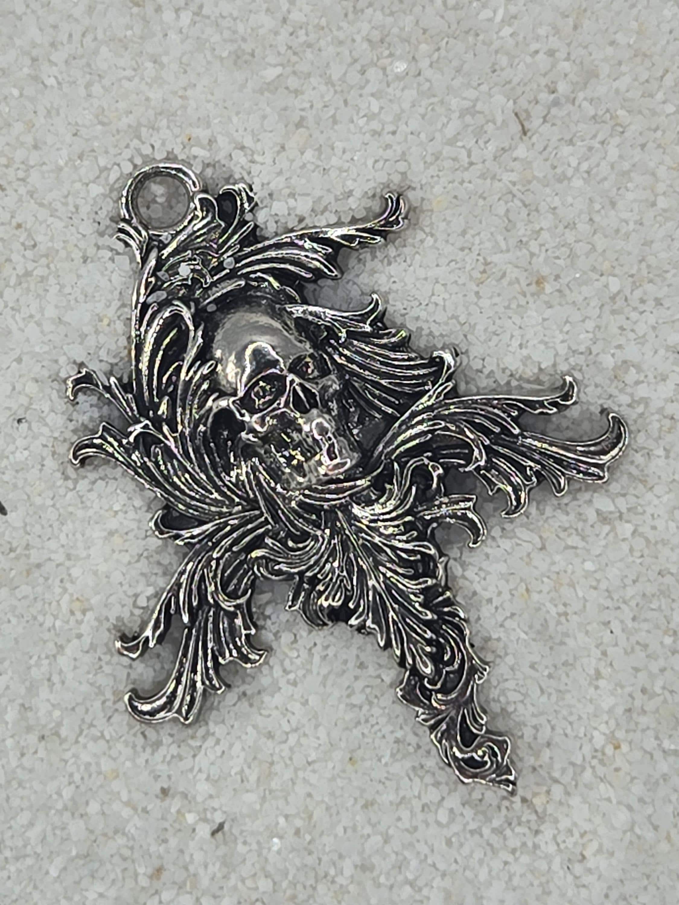 Silver Reaper Skull Pendant - Edgy Gothic Jewelry Charm | Beads for Jewelry Making | DIY Bracelet Earring Supply