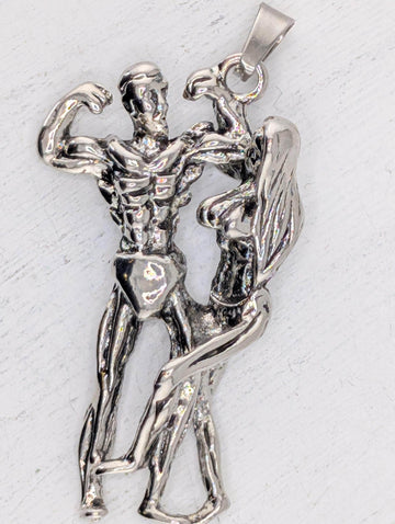 Bodybuilder Couple Pendant: Silver Plated, Detail 50x30 | Beads for Jewelry Making | DIY Bracelet Earring Supply