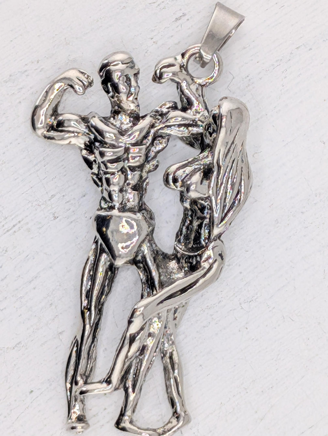 Bodybuilder Couple Pendant, Silver Plated Gothic Skull Charm | Zinc Alloy | 50x30mm