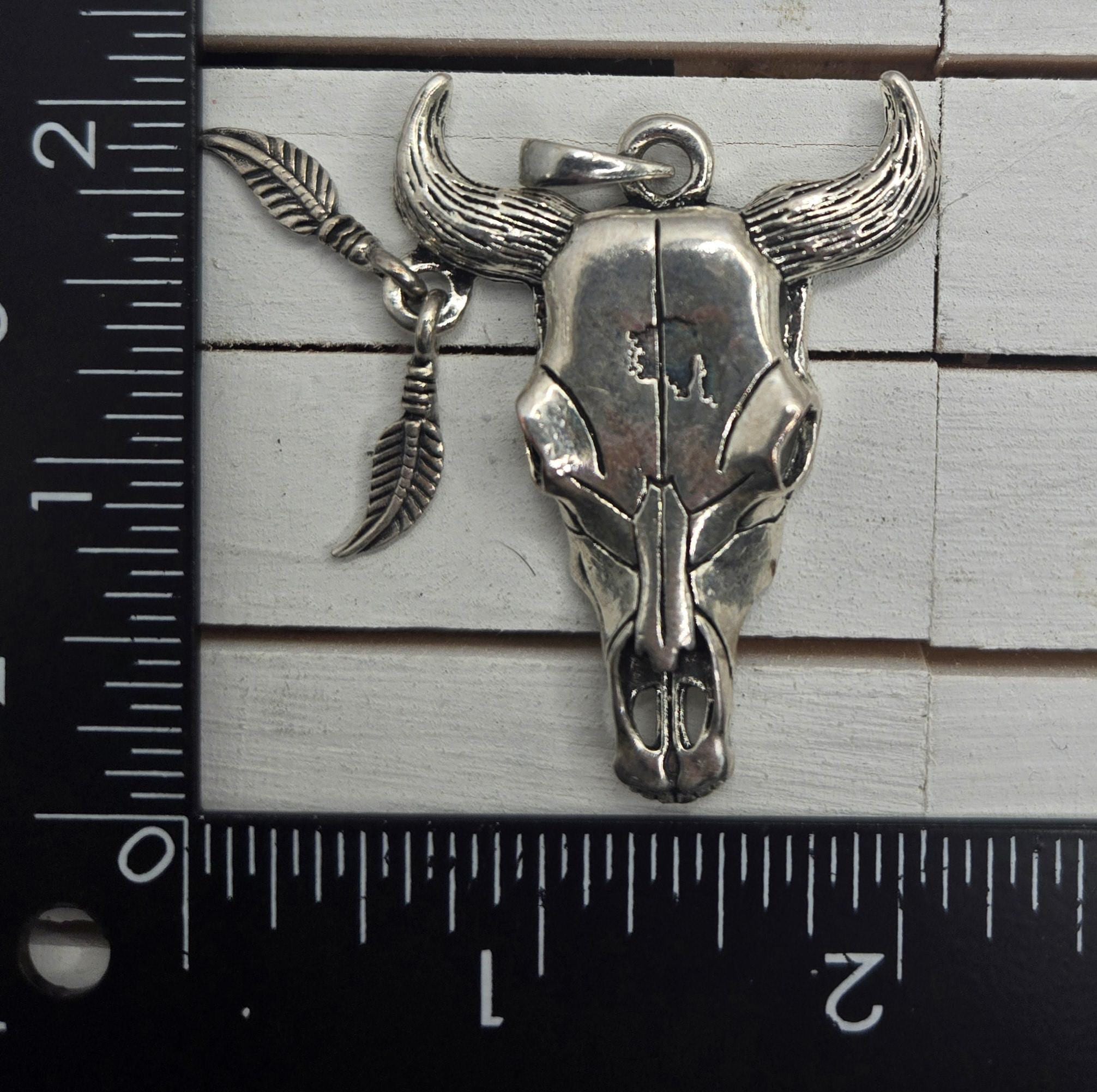 Bull Head Pendant: Gothic Silver Car Charm (Metal Alloy) 50x40mm | Beads for Jewelry Making | DIY Bracelet Earring Supply