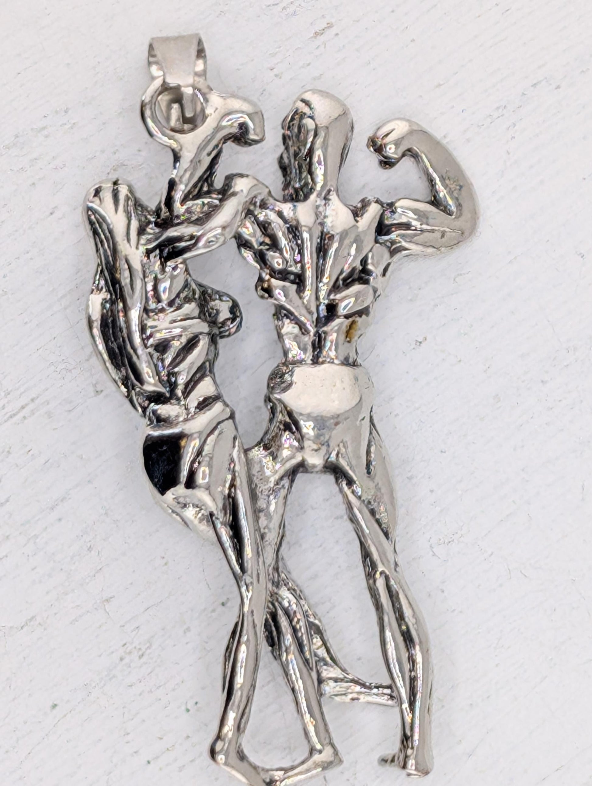 Bodybuilder Couple Pendant: Silver Plated, Detail 50x30 | Beads for Jewelry Making | DIY Bracelet Earring Supply