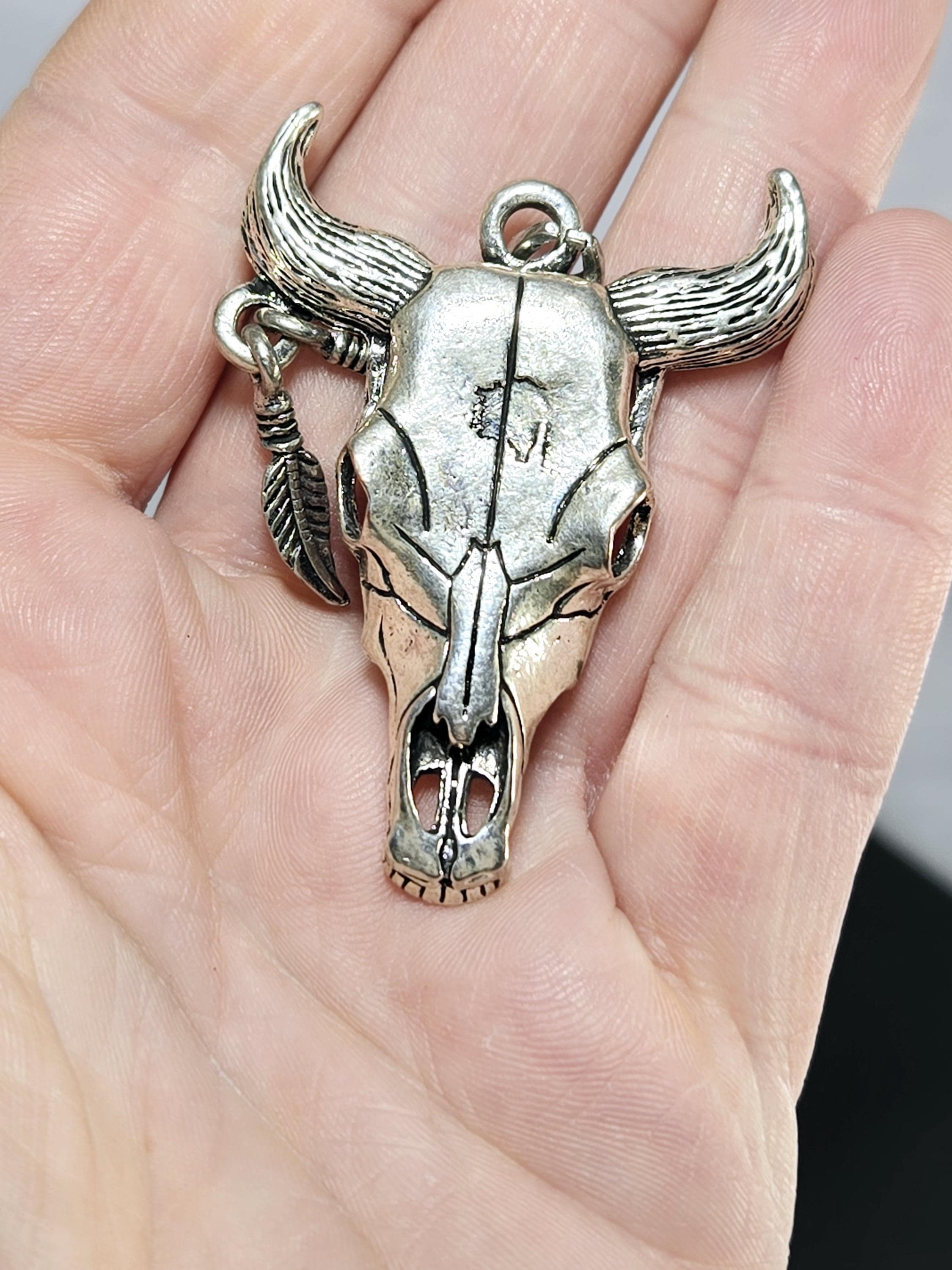 Bull Head Pendant: Gothic Silver Car Charm (Metal Alloy) 50x40mm | Beads for Jewelry Making | DIY Bracelet Earring Supply