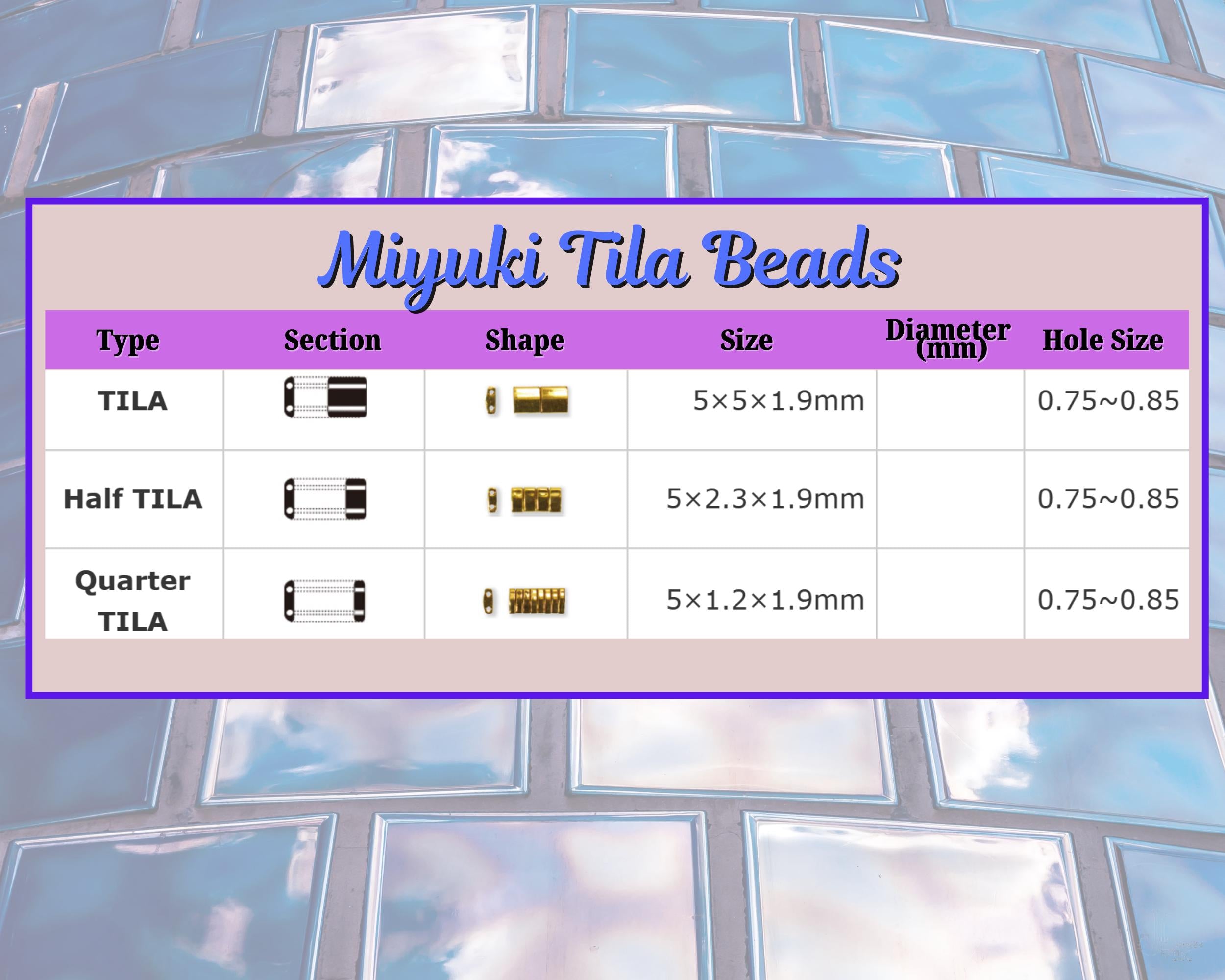 a table with information about the different types of beads, including their sizes and hole sizes.