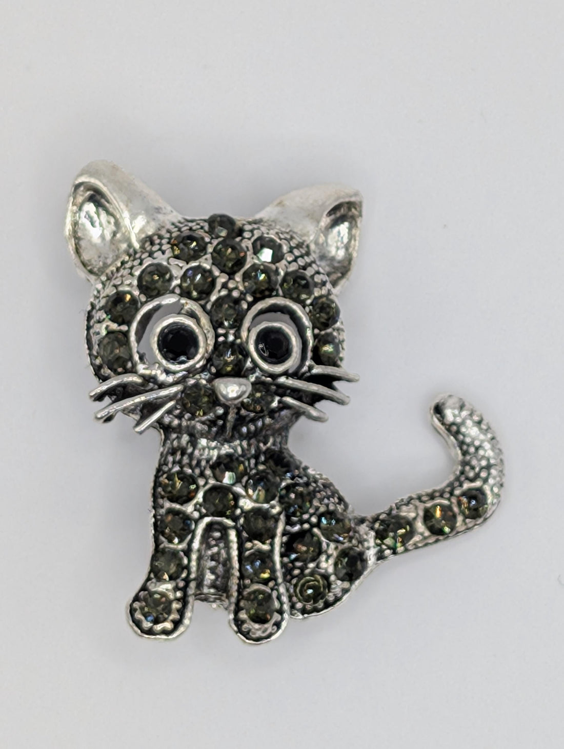Whimsical Silver Cat Brooch, Black Rhinestones (1.5 Inch Sparkle Pin)