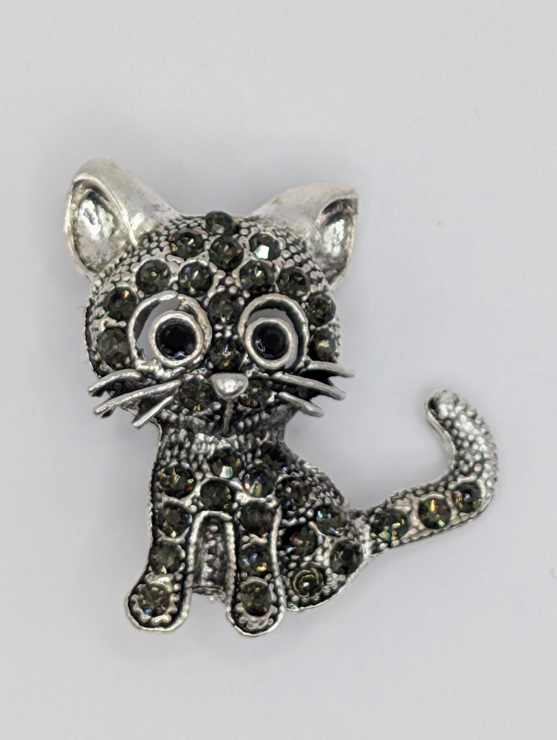 Whimsical Silver Cat Brooch, Black Rhinestones (1.5 Inch Sparkle Pin)