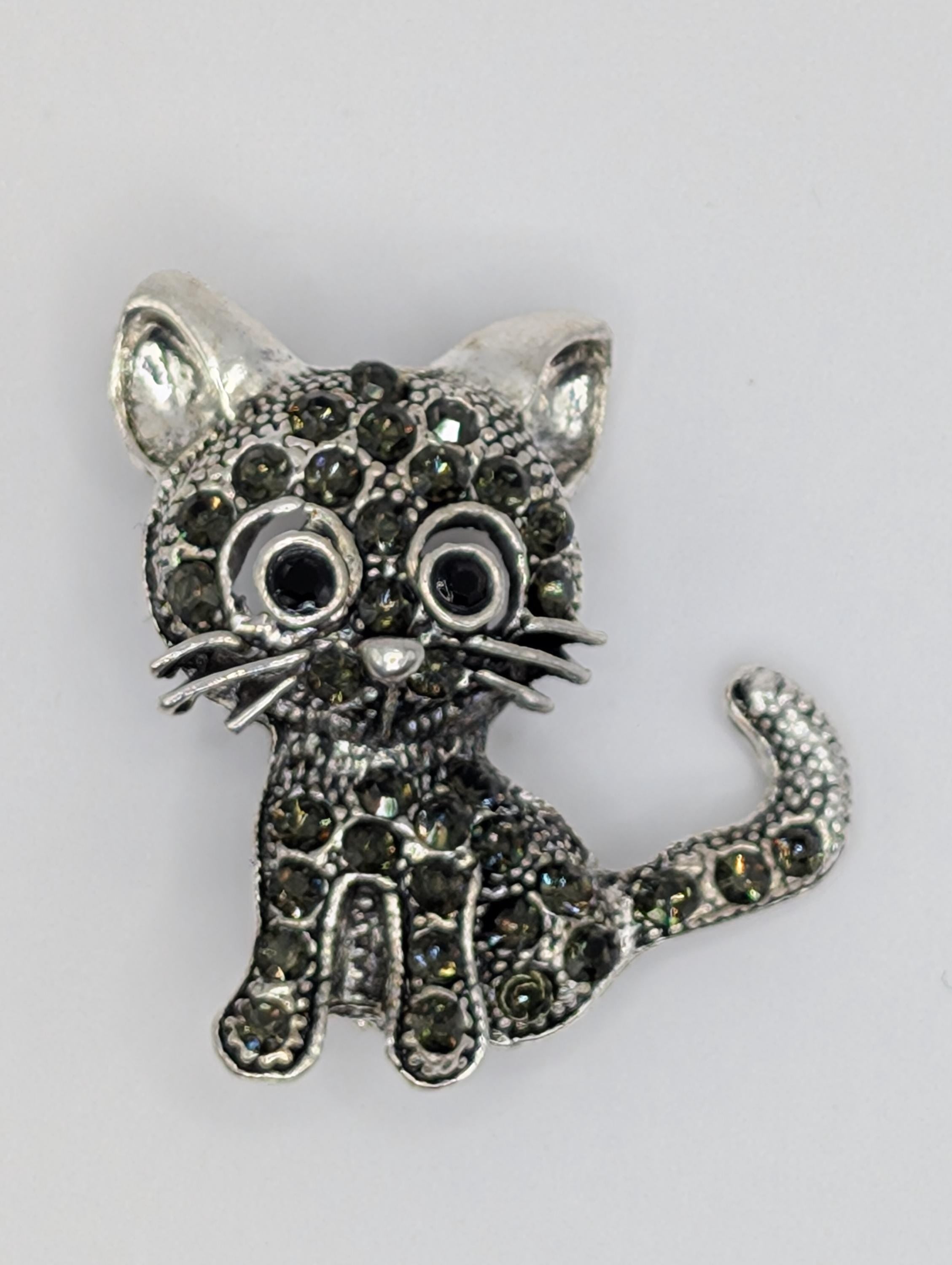 Whimsical Silver Cat Brooch, Black Rhinestones (1.5 Inch Sparkle Pin)