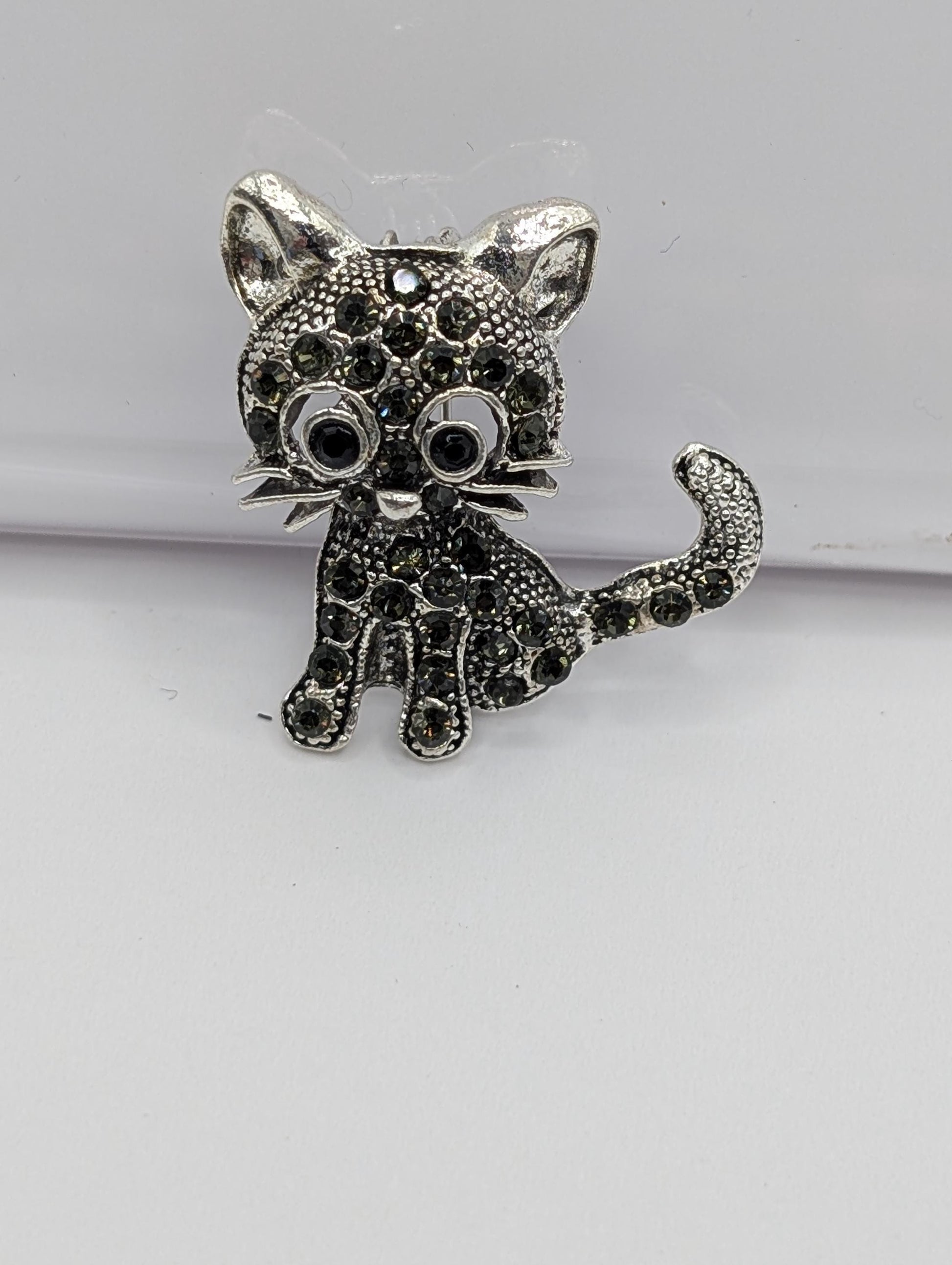 Whimsical Silver Cat Brooch, Black Rhinestones (1.5 Inch Sparkle Pin)