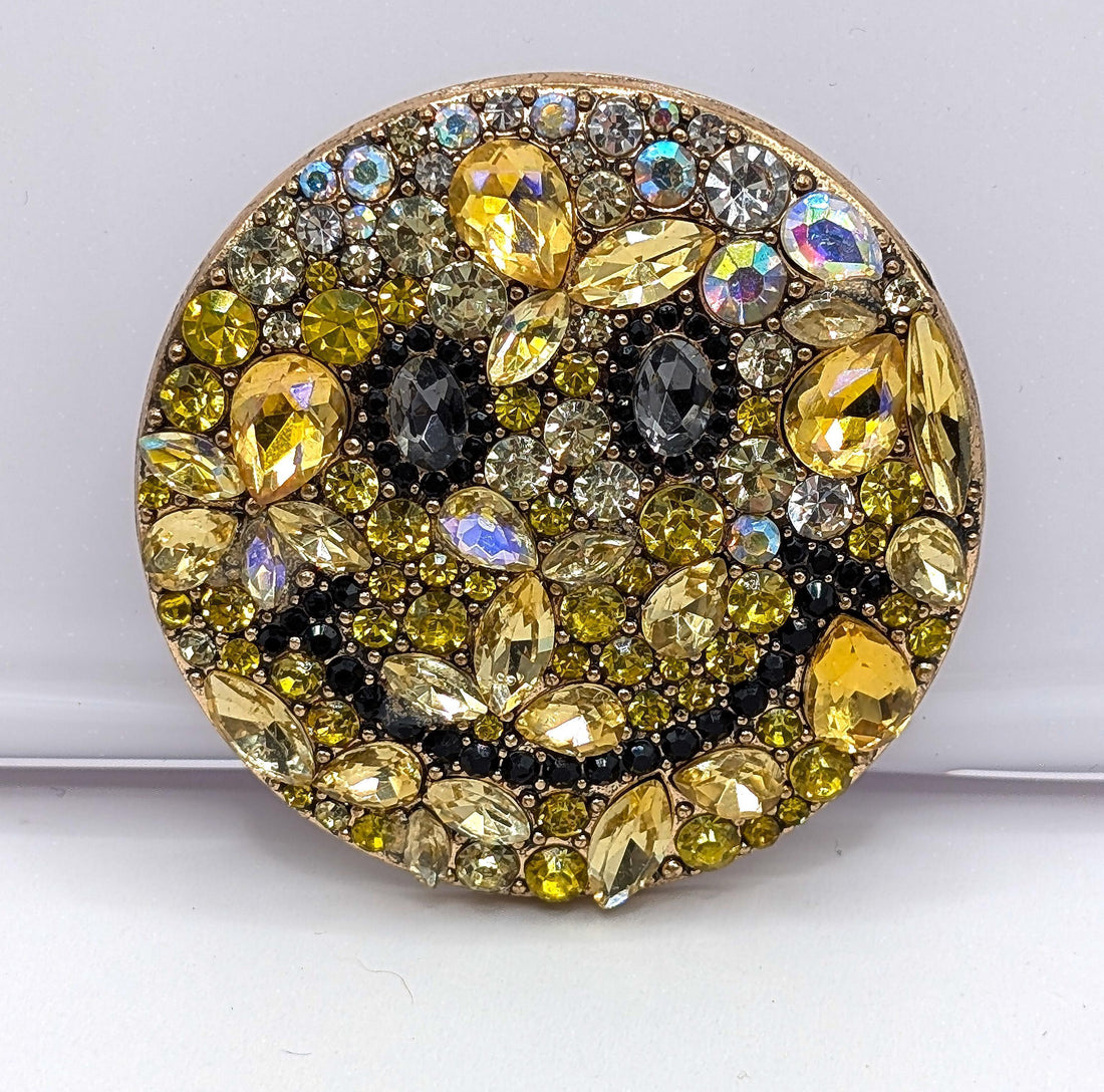 Emoji Brooch: Gold Plated with Yellow Rhinestones - Compact Size