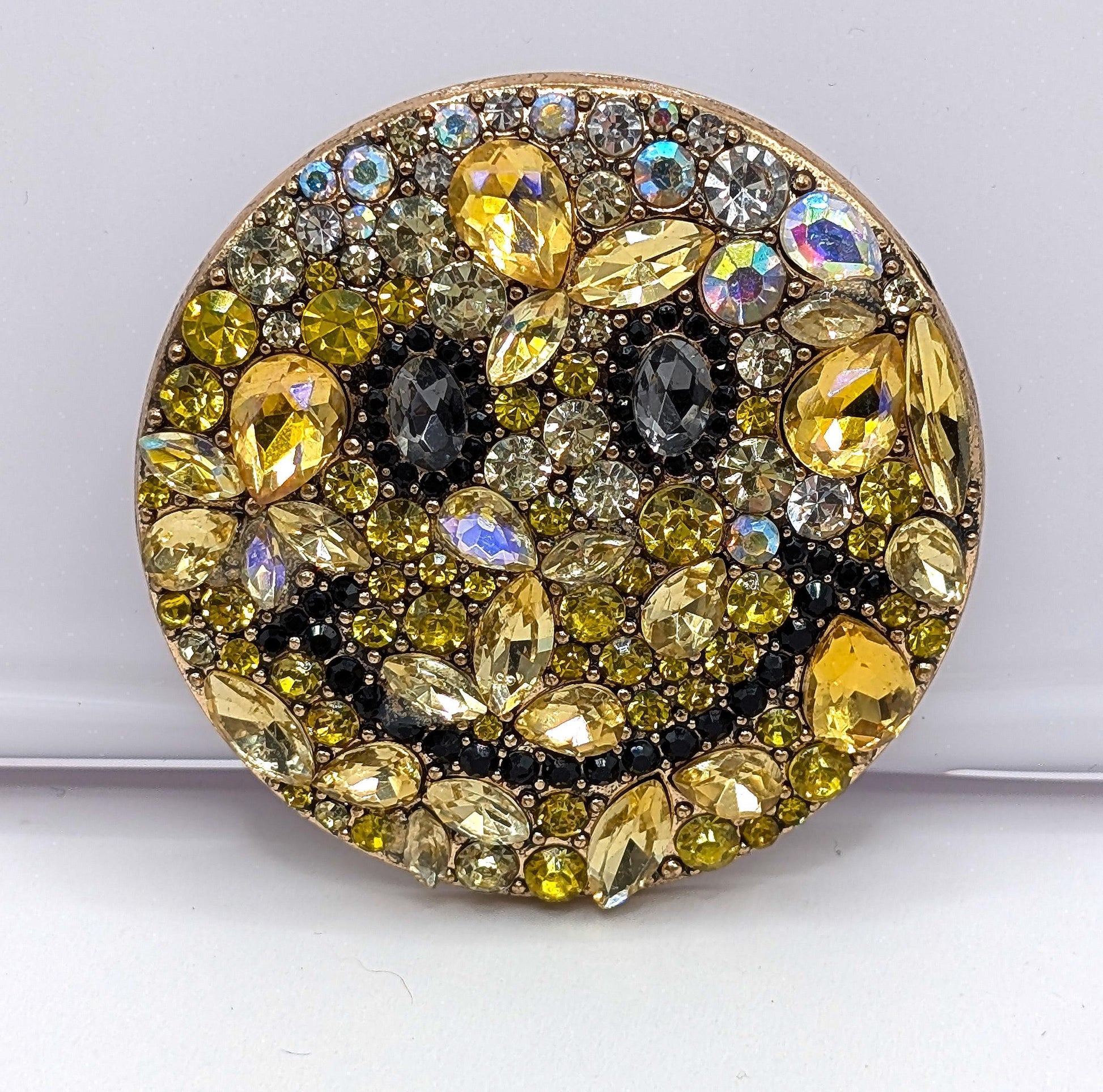 Emoji Brooch: Gold Plated with Yellow Rhinestones - Compact Size