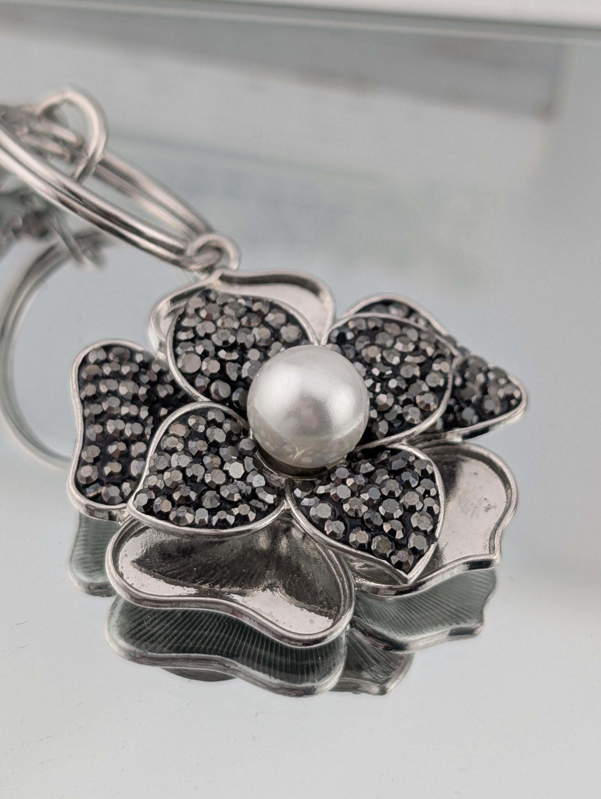 Silver Flower Charm Pendant - Enamel Accents and Sparkling Rhinestones | Bag Charm | Purse Accessory | Gift Idea