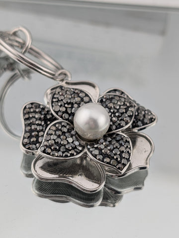 Silver Flower Charm Pendant - Enamel Accents and Sparkling Rhinestones | Bag Charm | Purse Accessory | Gift Idea