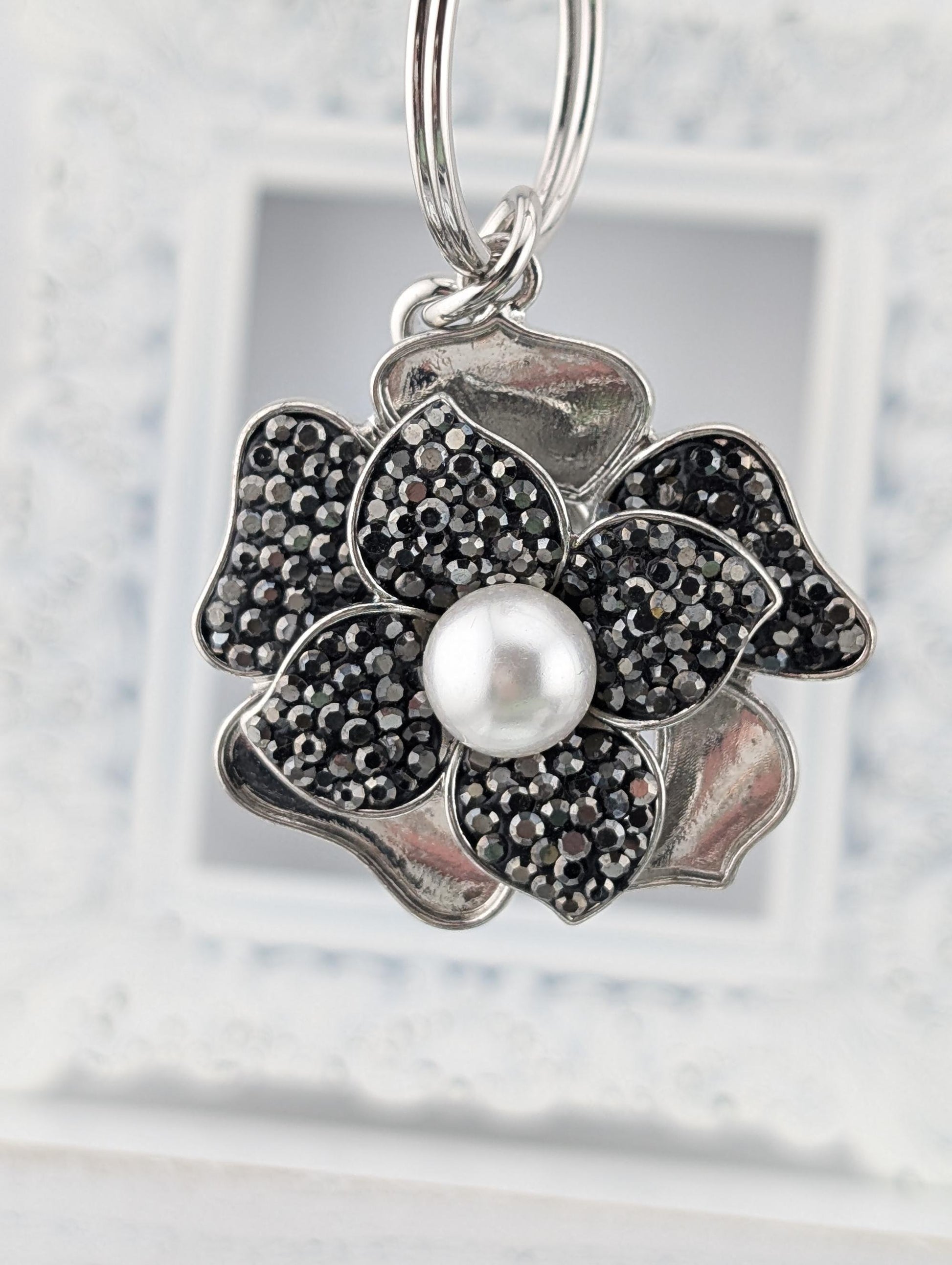 Silver Flower Charm Pendant - Enamel Accents and Sparkling Rhinestones | Bag Charm | Purse Accessory | Gift Idea