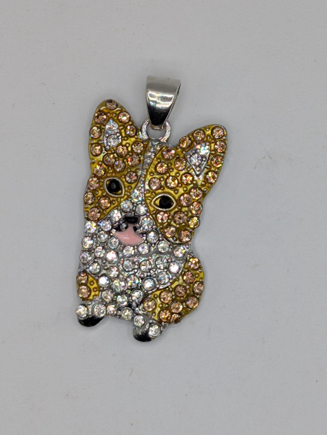 Silver Corgi Pendant - Rhinestone Sparkle with Pink Nose