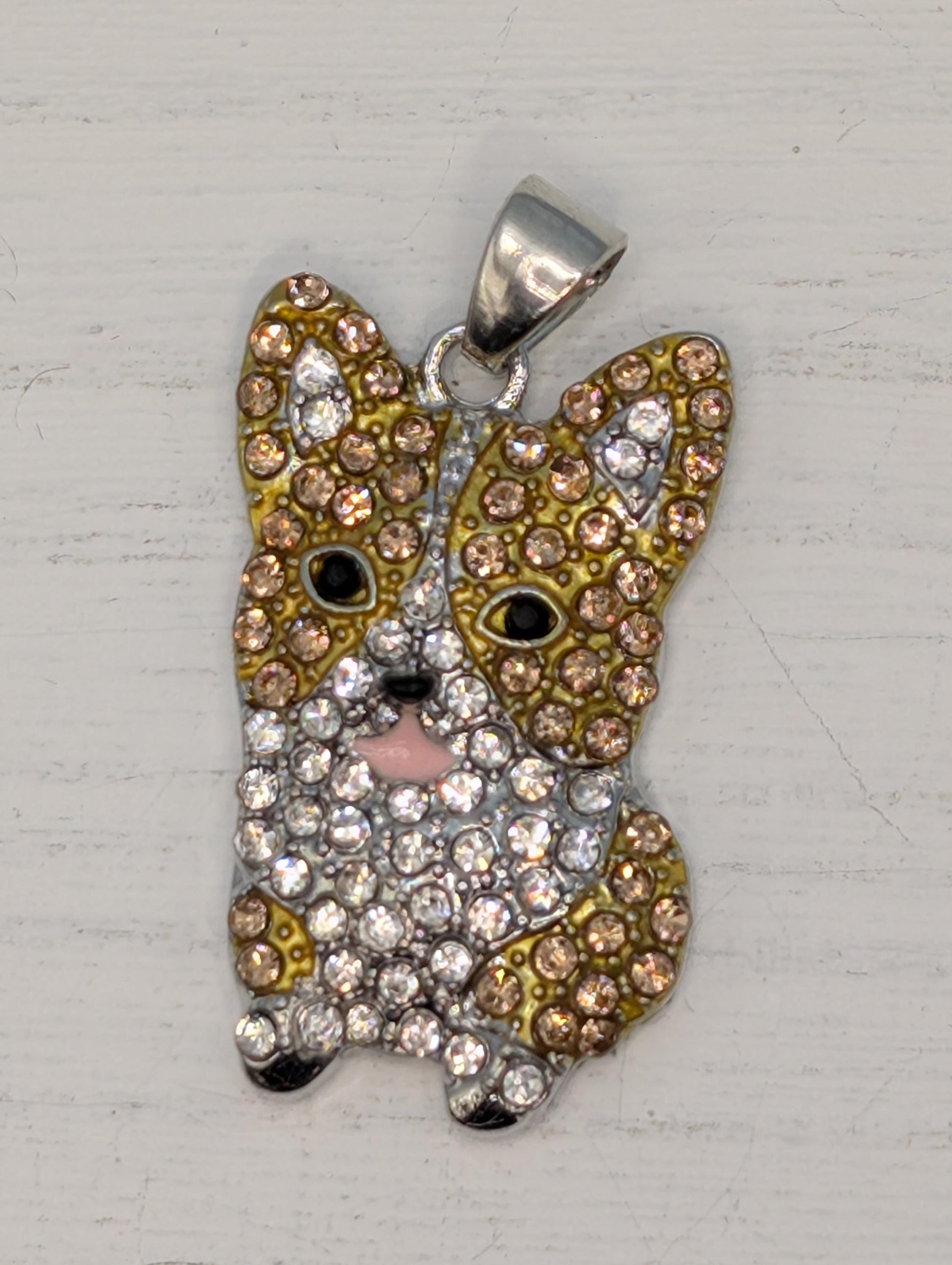 Silver Corgi Pendant - Rhinestone Sparkle with Pink Nose