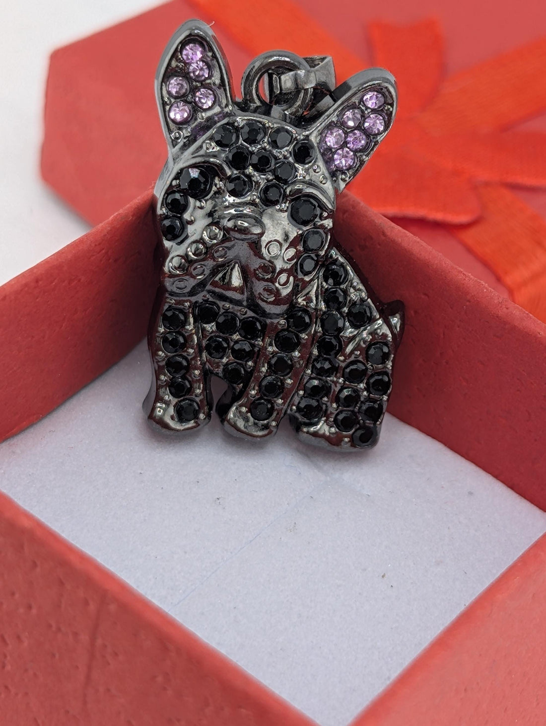 Frenchie Dog Pendant, Gunmetal Rhinestone Charm (Bag Accessory)