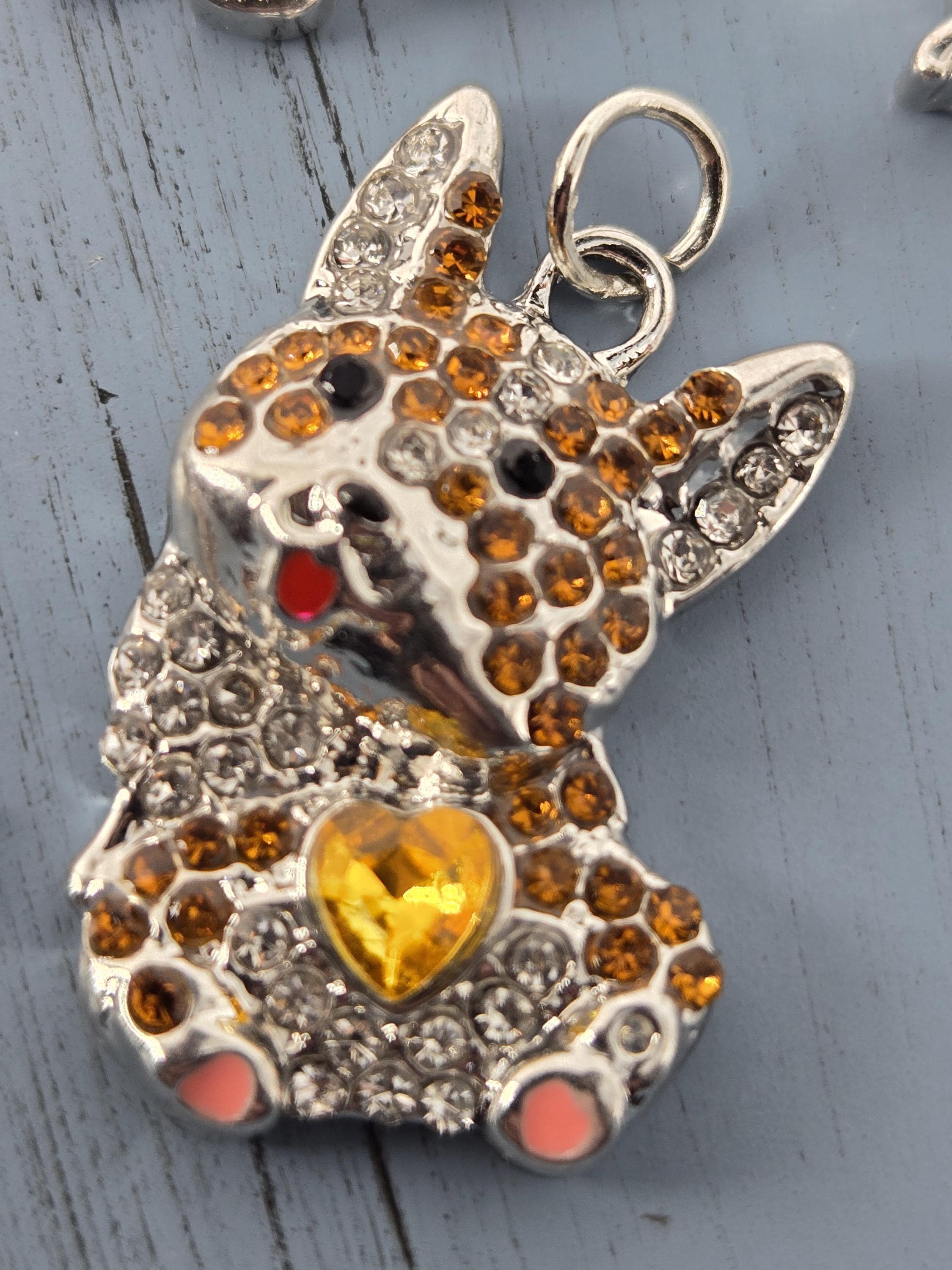 Silver Corgi Pendant - Yellow Heart and Sparkling Rhinestones | Bag Charm | Purse Accessory | Gift Idea