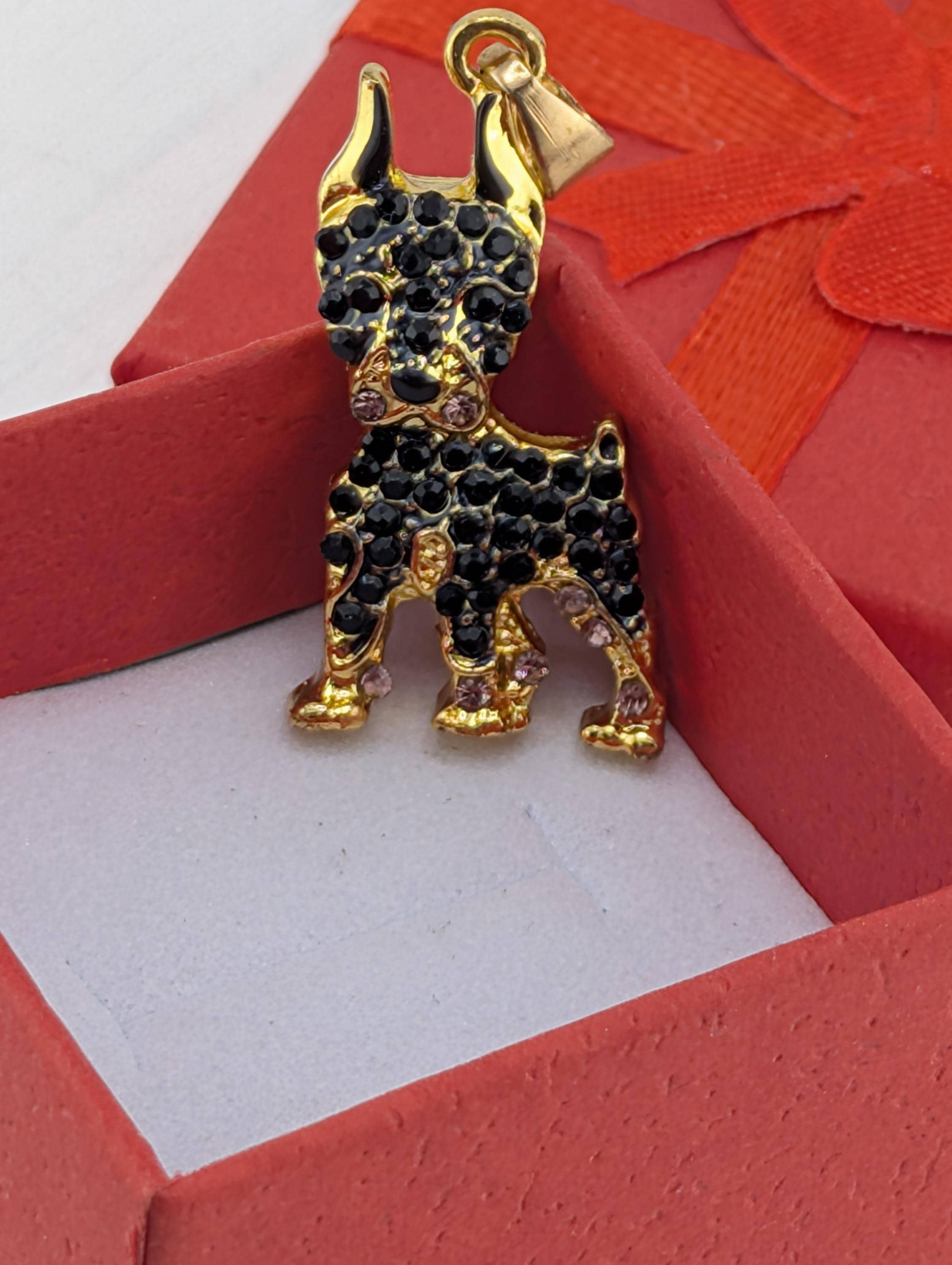 Doberman Pendant: Gold Plated Charm - Rhinestone Detail