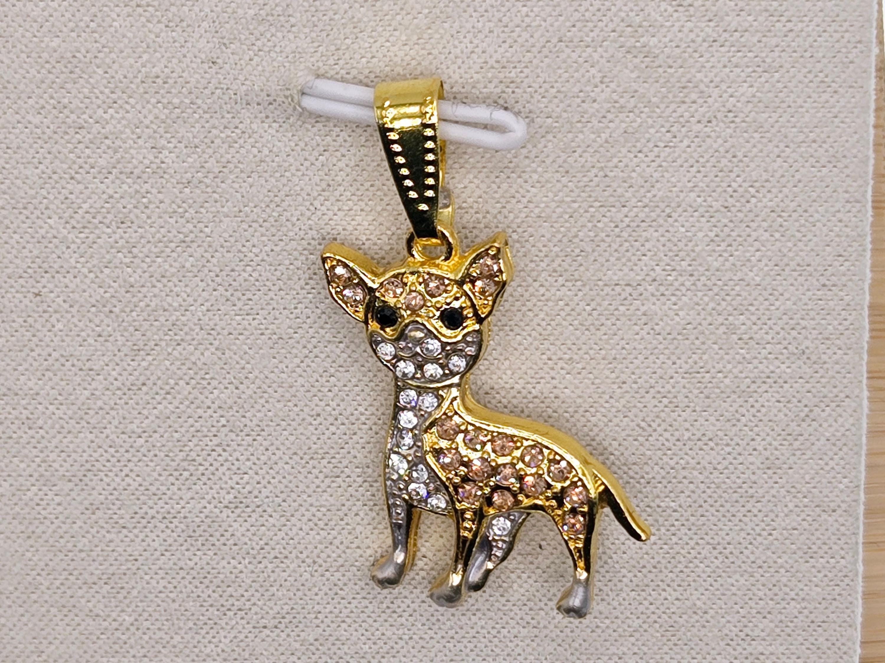 Chihuahua Dog Pendant: Gold Plated with Sparkling Rhinestones | Bag Charm | Purse Accessory | Gift Idea