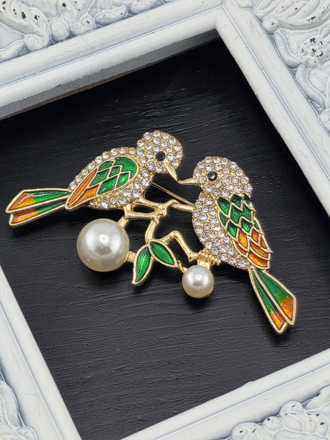 Bird Brooch: Nature Inspired Design (Gold Plated, Green & Orange Enamel)