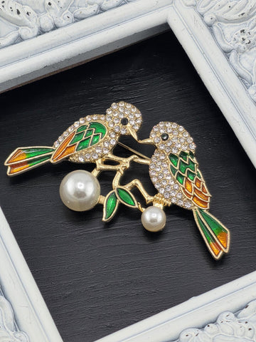 Bird Brooch: Nature Inspired Design (Gold Plated, Green & Orange Enamel)