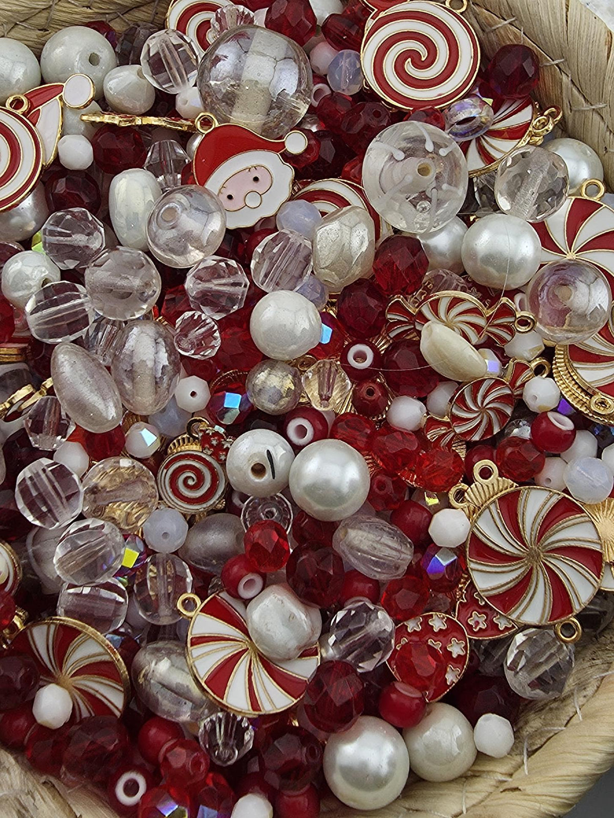 Candy Cane Lane Bead Soup Mix, Peppermint Red White and Gold Glass | Christmas Beads | DIY Jewelry Kit