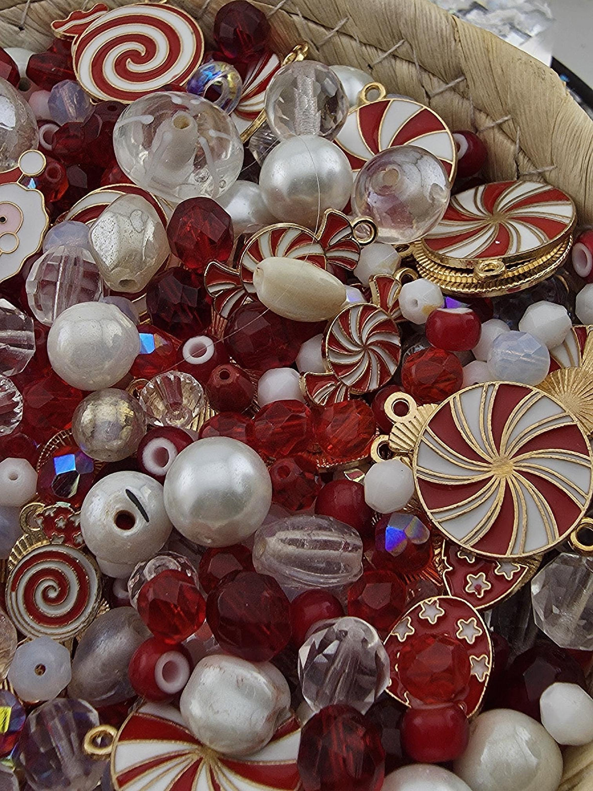 Candy Cane Lane Bead Soup Mix, Peppermint Red White and Gold Glass | Christmas Beads | DIY Jewelry Kit