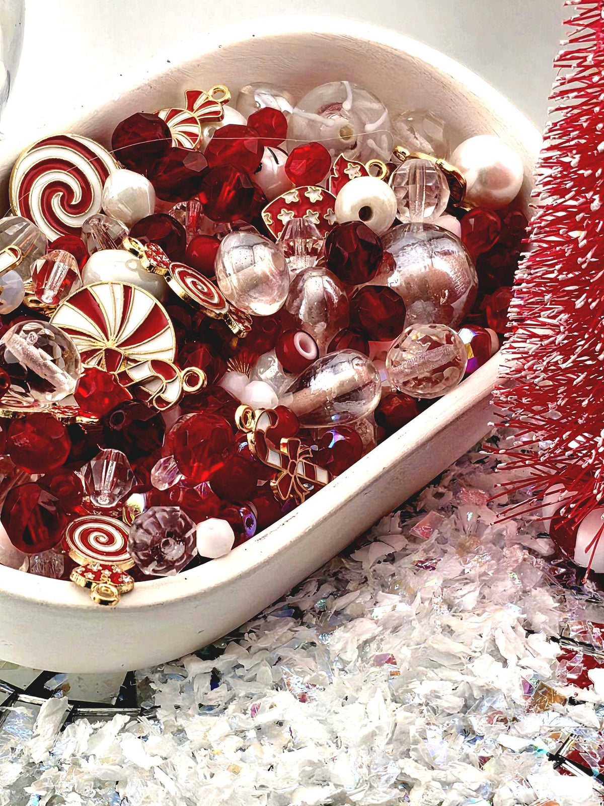 Candy Cane Lane Bead Soup Mix, Peppermint Red White and Gold Glass | Christmas Beads | DIY Jewelry Kit