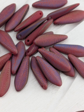 Laser Etched Design, Craft Bead Set 25pcs,Czech Feather Dagger Pendants Kit: Matte Herringbone Red