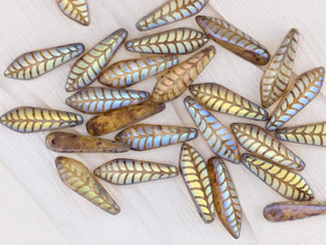 Laser Etched Design, Craft Bead Set 25pcs,Czech Feather Dagger Pendants Kit: Topaz & Gold Feather