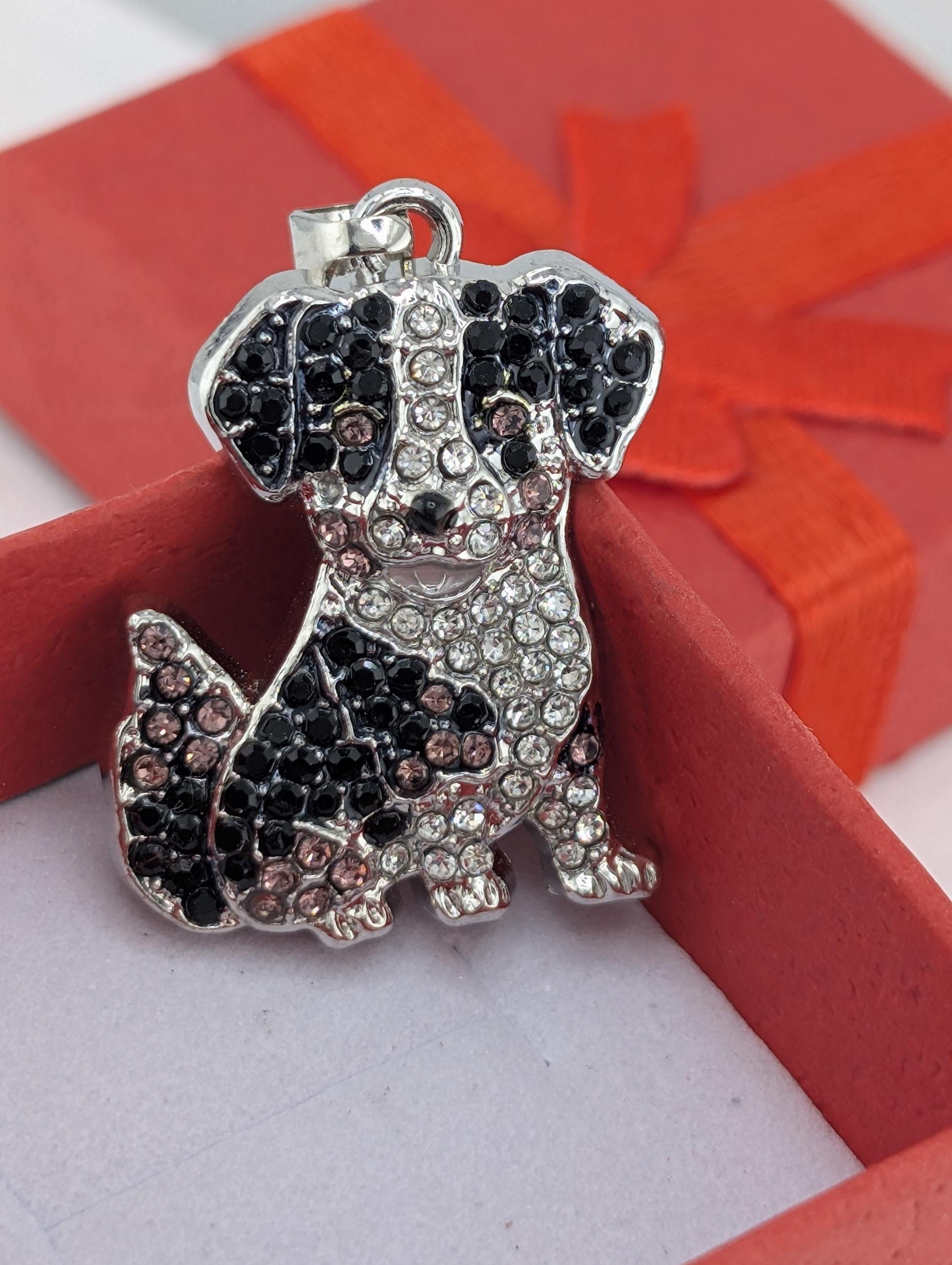 Dog Pendant Necklace: Australian Shepherd Style (Silver Plated, Rhinestone Accents)
