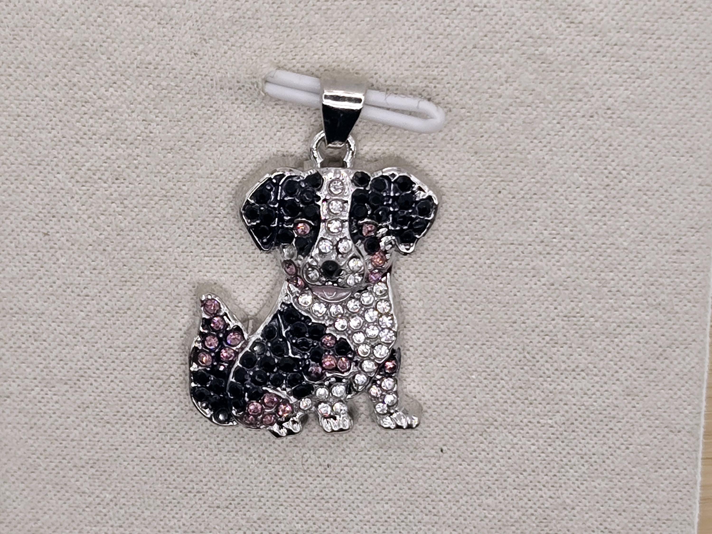 Dog Pendant Necklace: Australian Shepherd Style (Silver Plated, Rhinestone Accents)